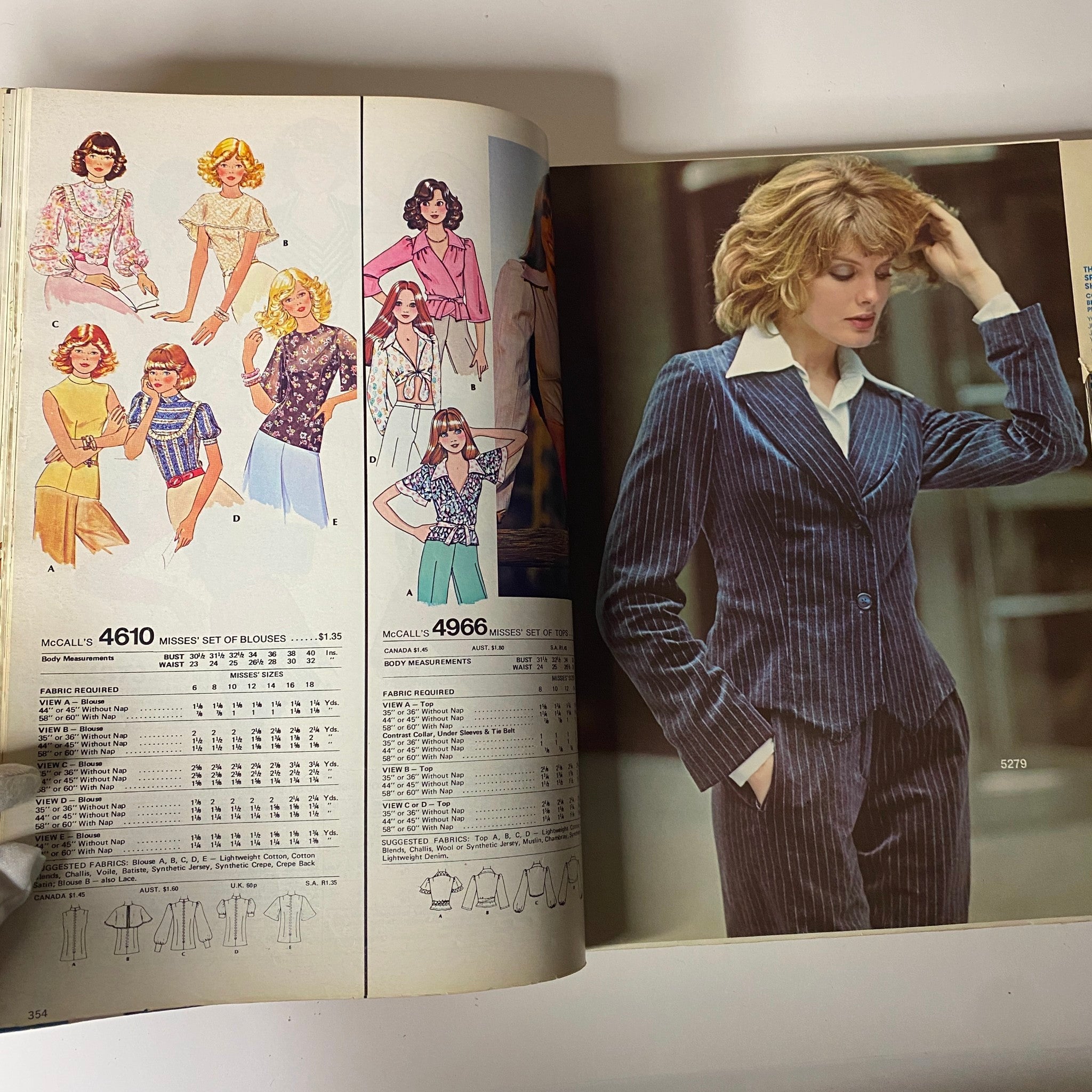 Another page from the 1970s March Carefree Patterns from McCall's Catalog featuring designs and sketches of various blouses and a model wearing a suit, illustrating vintage fashion.