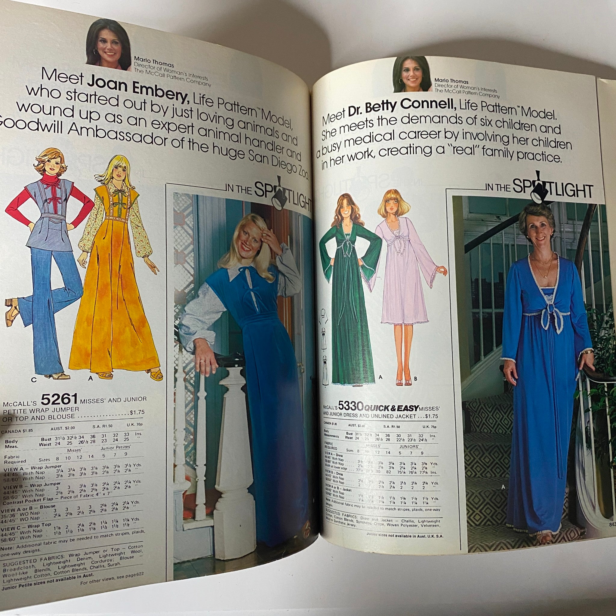 Spotlight page from the 1970s March Carefree Patterns from McCall's Catalog introducing Life Pattern models with illustrated outfits, emphasizing the link between fashion and creativity.