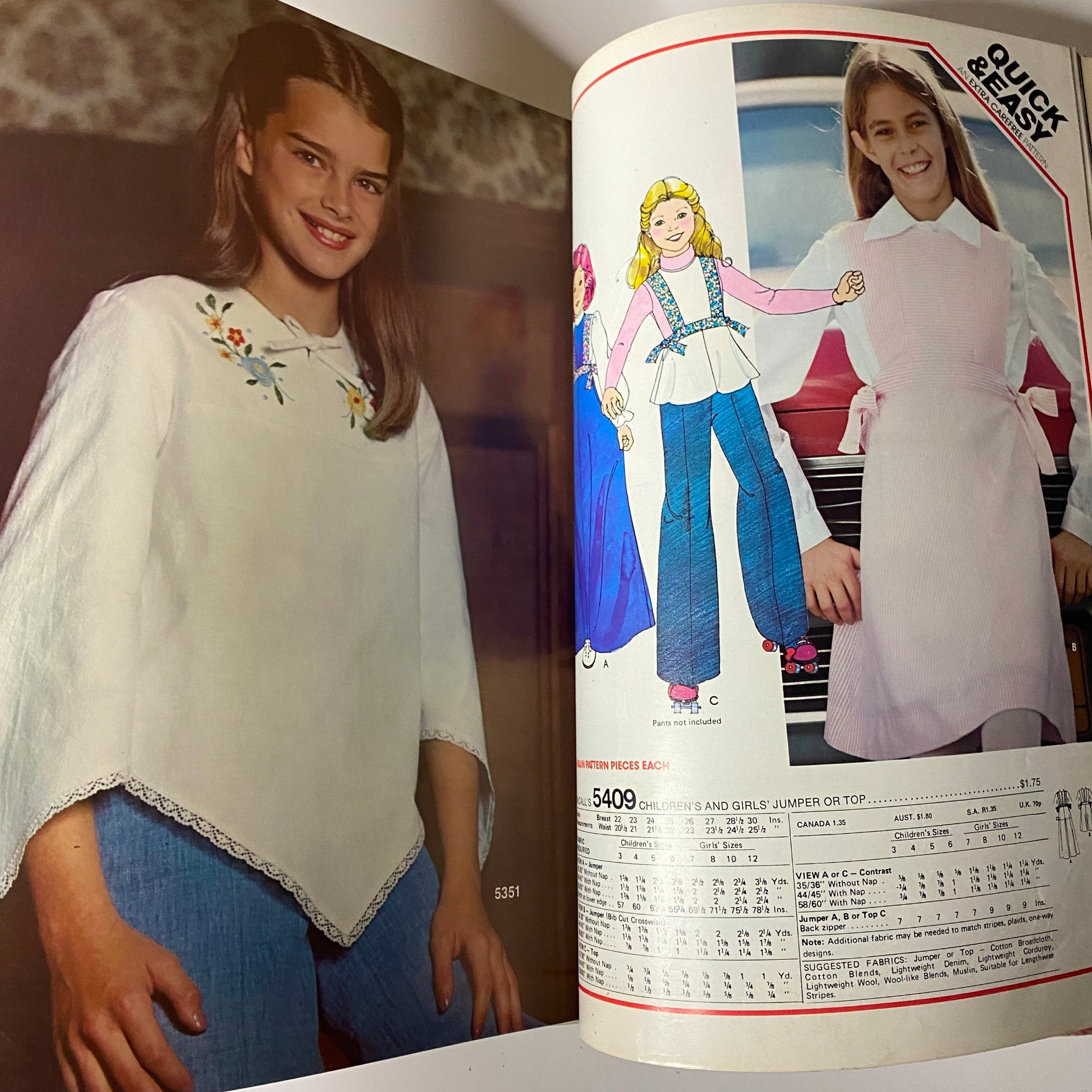 1970s March Carefree Patterns from McCall's Catalog displaying children's clothing options, including embroidered tops and stylish jumpsuits, ideal for young fashion enthusiasts.