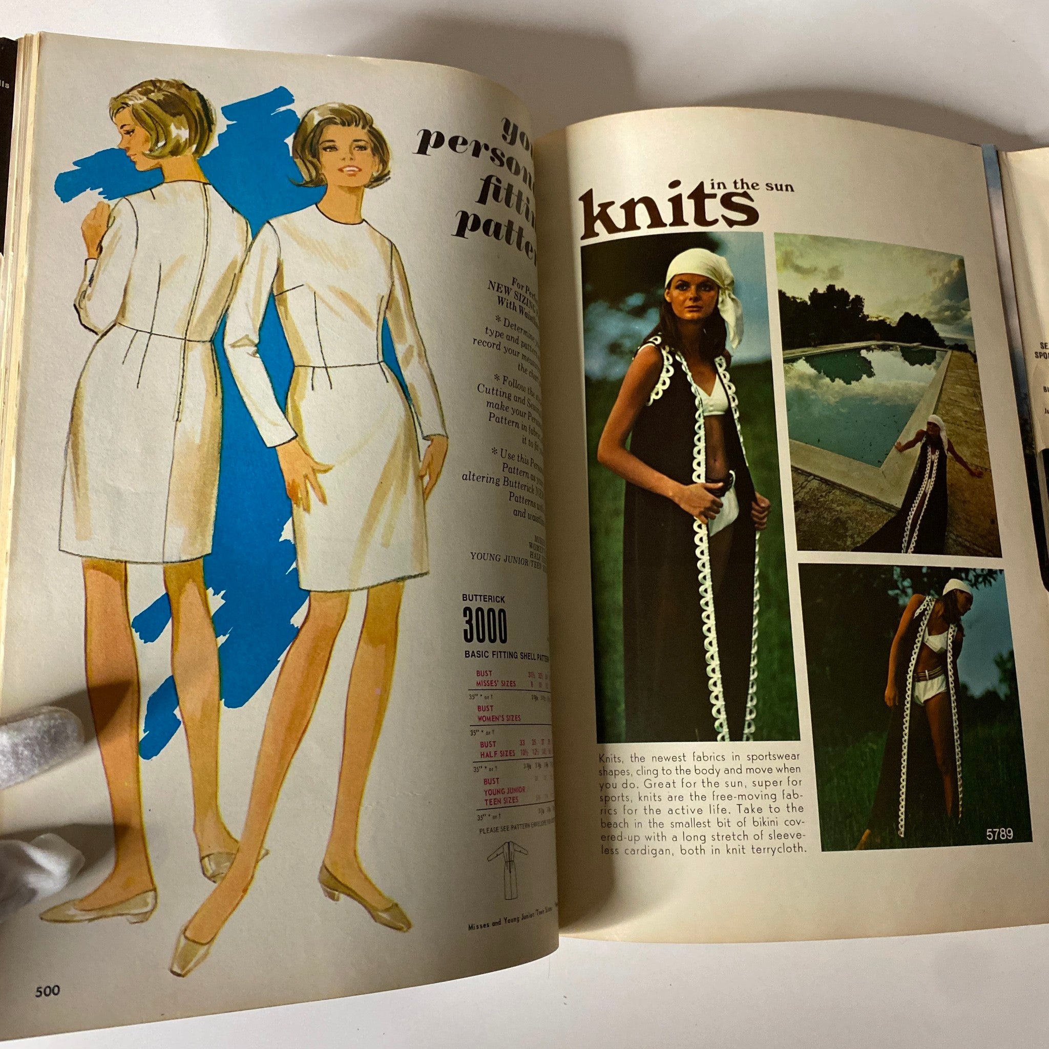 A spread from the 1970 July Butterick Catalog displaying basic fitting patterns and stylish knitwear designs ideal for summer as part of the vintage sewing collection.