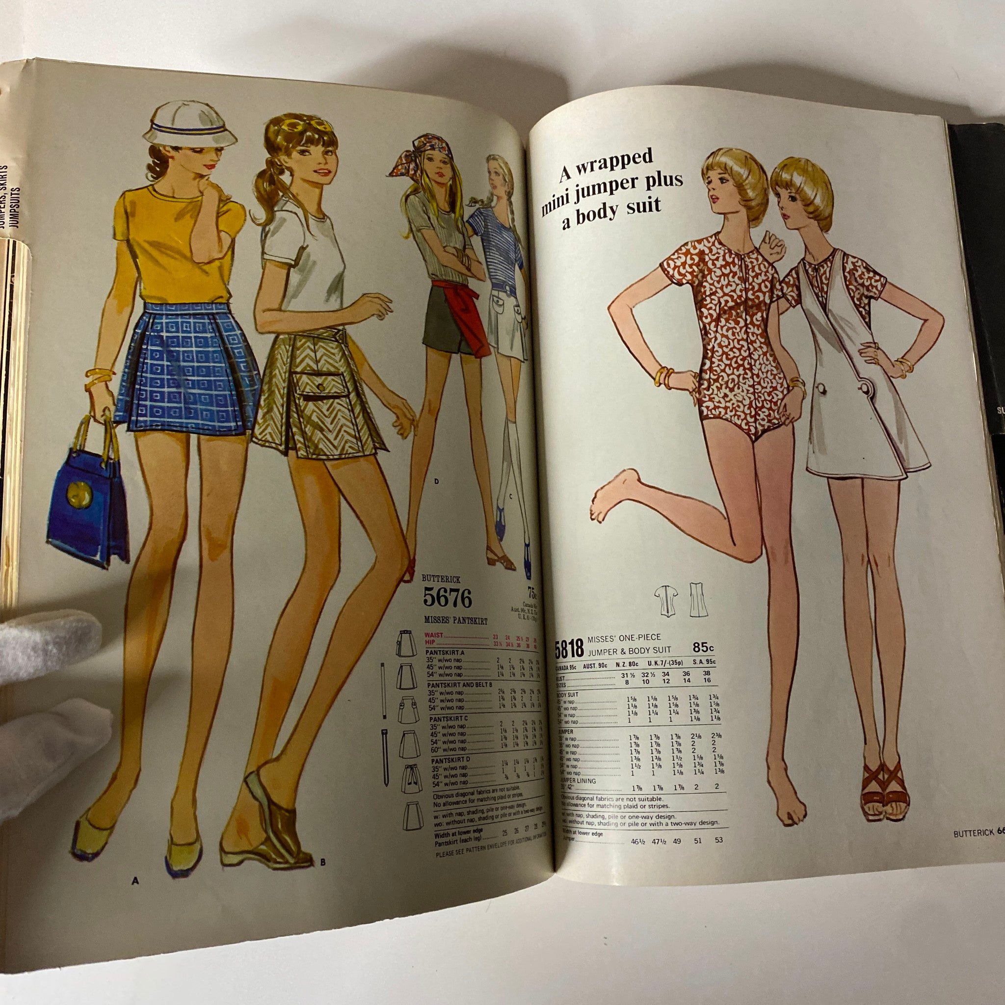 An illustration from the 1970 July Butterick Catalog showcasing mini jumper and body suit styles perfect for youthful fashion enthusiasts and vintage sewing lovers.