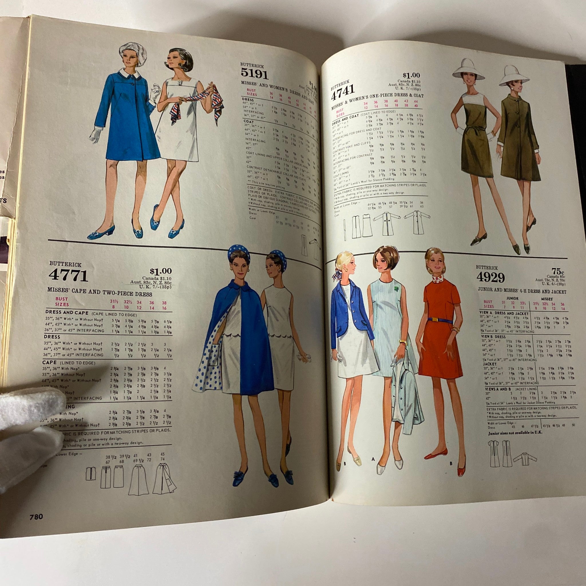 A double-page layout from the 1970 July Butterick Catalog presenting various Misses' dresses including capes and two-piece outfits reflecting 1970s fashion trends.