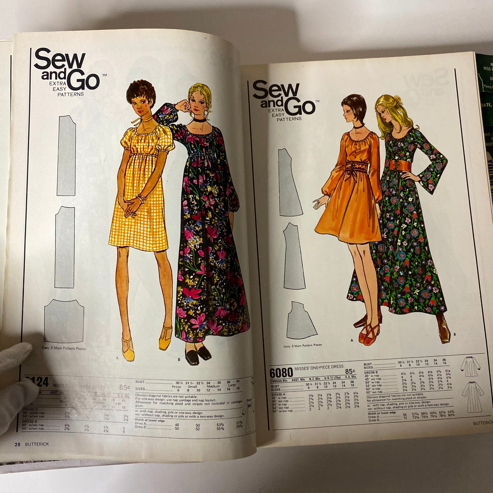 Inside pages of the 1971 July Butterick Vogue Collection Catalog featuring 'Sew and Go' easy patterns, illustrating various vintage dress designs.