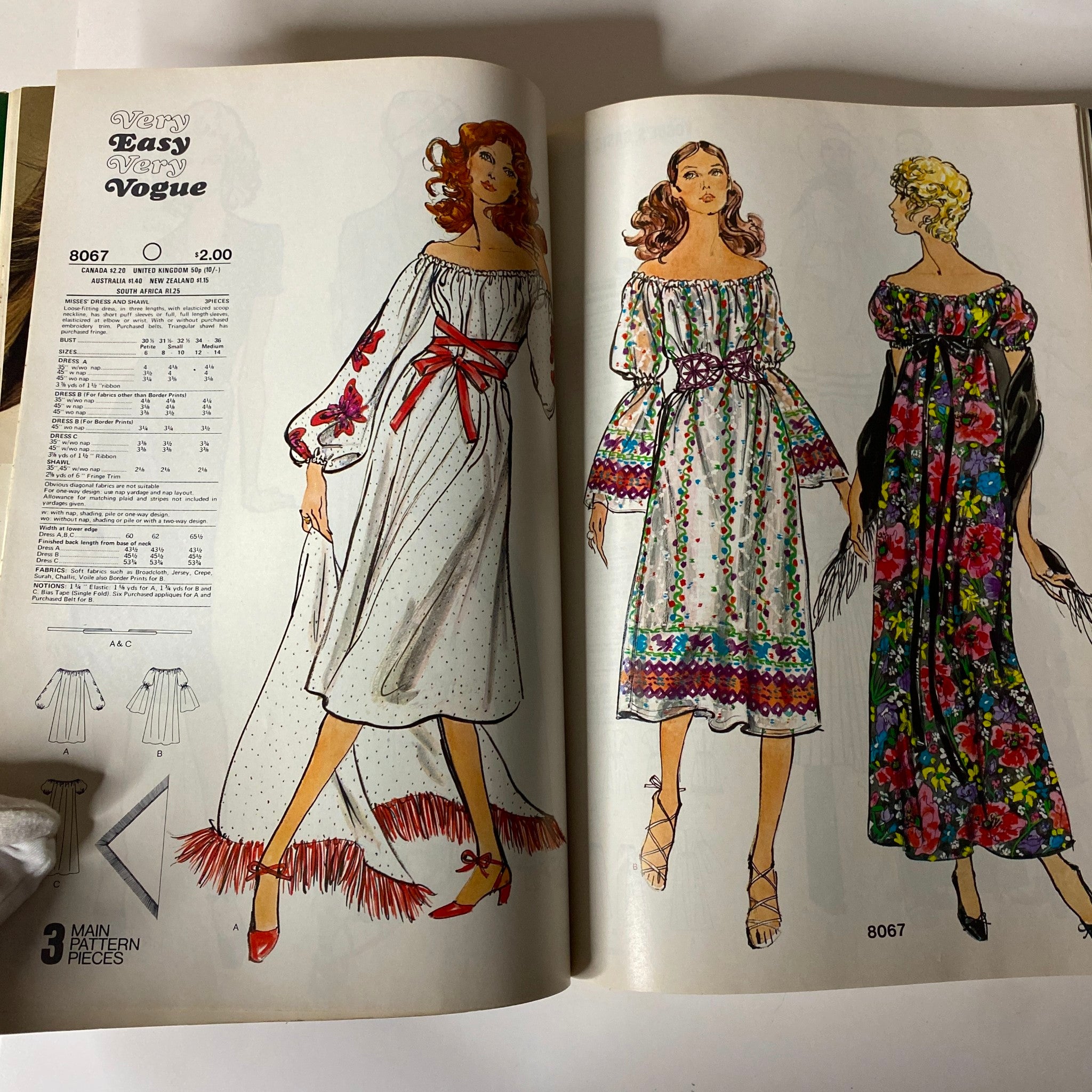 Fashion illustrations from the 1971 July Butterick Vogue Collection Catalog displaying 'Very Easy Very Vogue' patterns, featuring elegant dress designs from the 1970s.