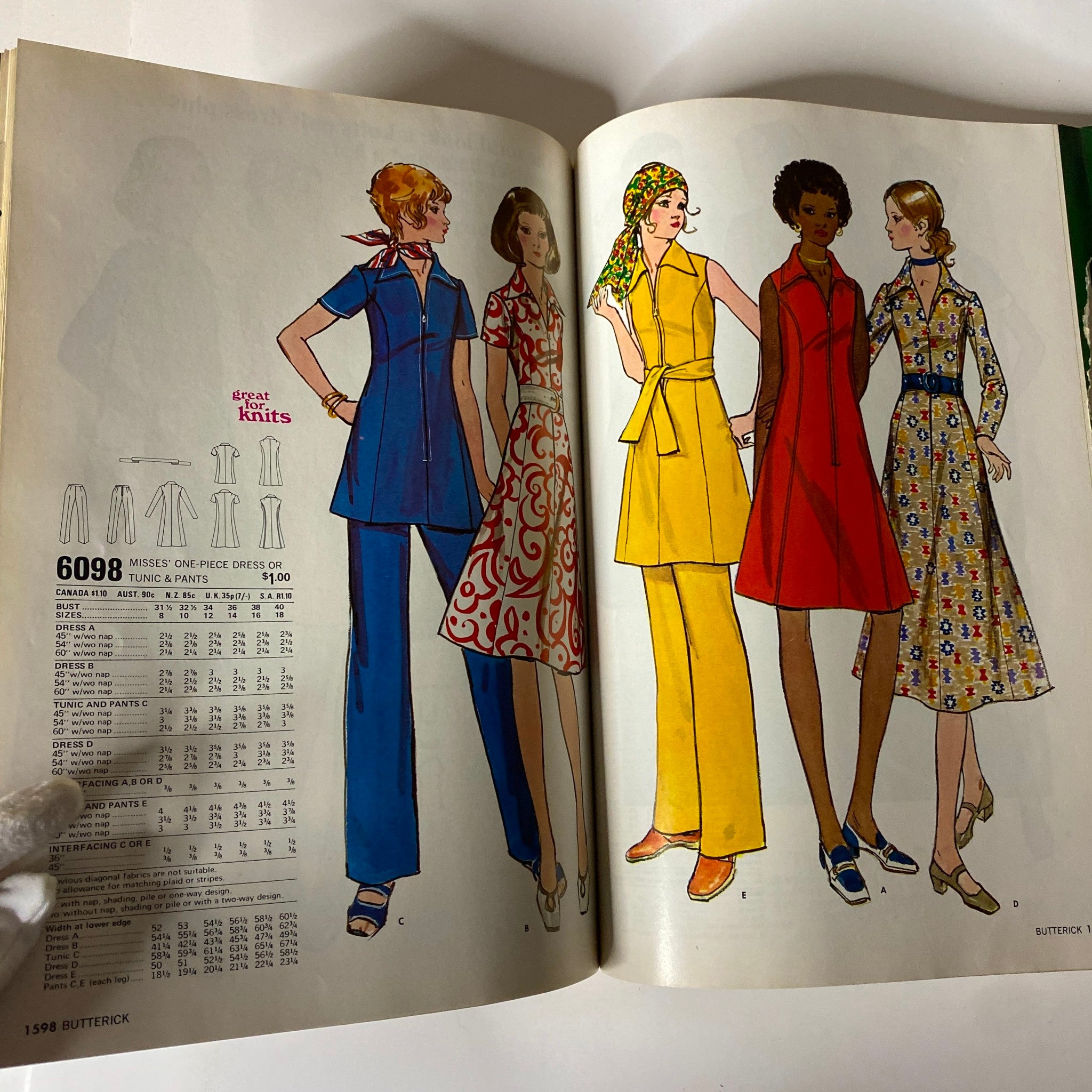 Illustration from the 1971 July Butterick Vogue Collection Catalog showcasing Misses' one-piece dresses and tunics. Features four stylish models in colorful outfits, emphasizing sewing patterns suitable for knits.
