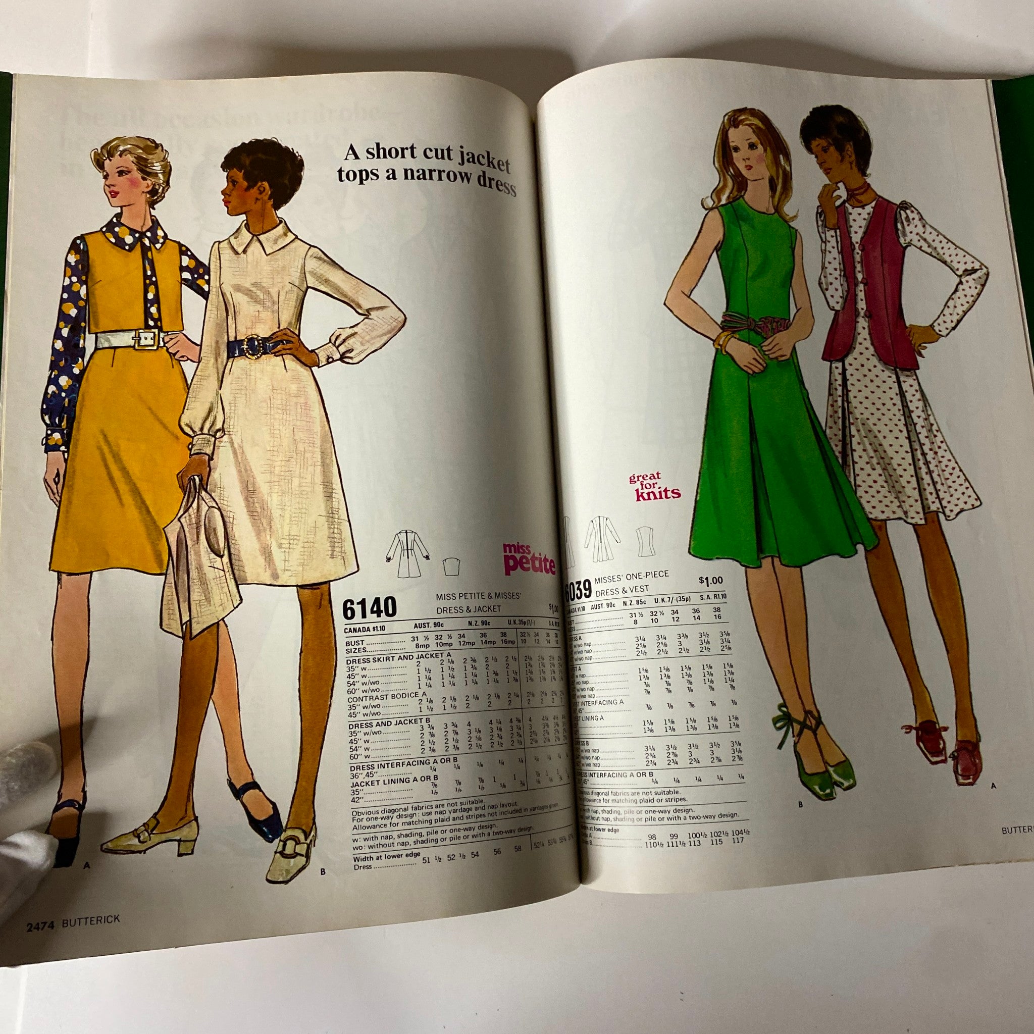 Page from the 1971 July Butterick Vogue Collection Catalog highlighting Miss Petite and Misses' dresses and jackets. Includes two models displaying fashionable designs, with detailed sewing pattern information.