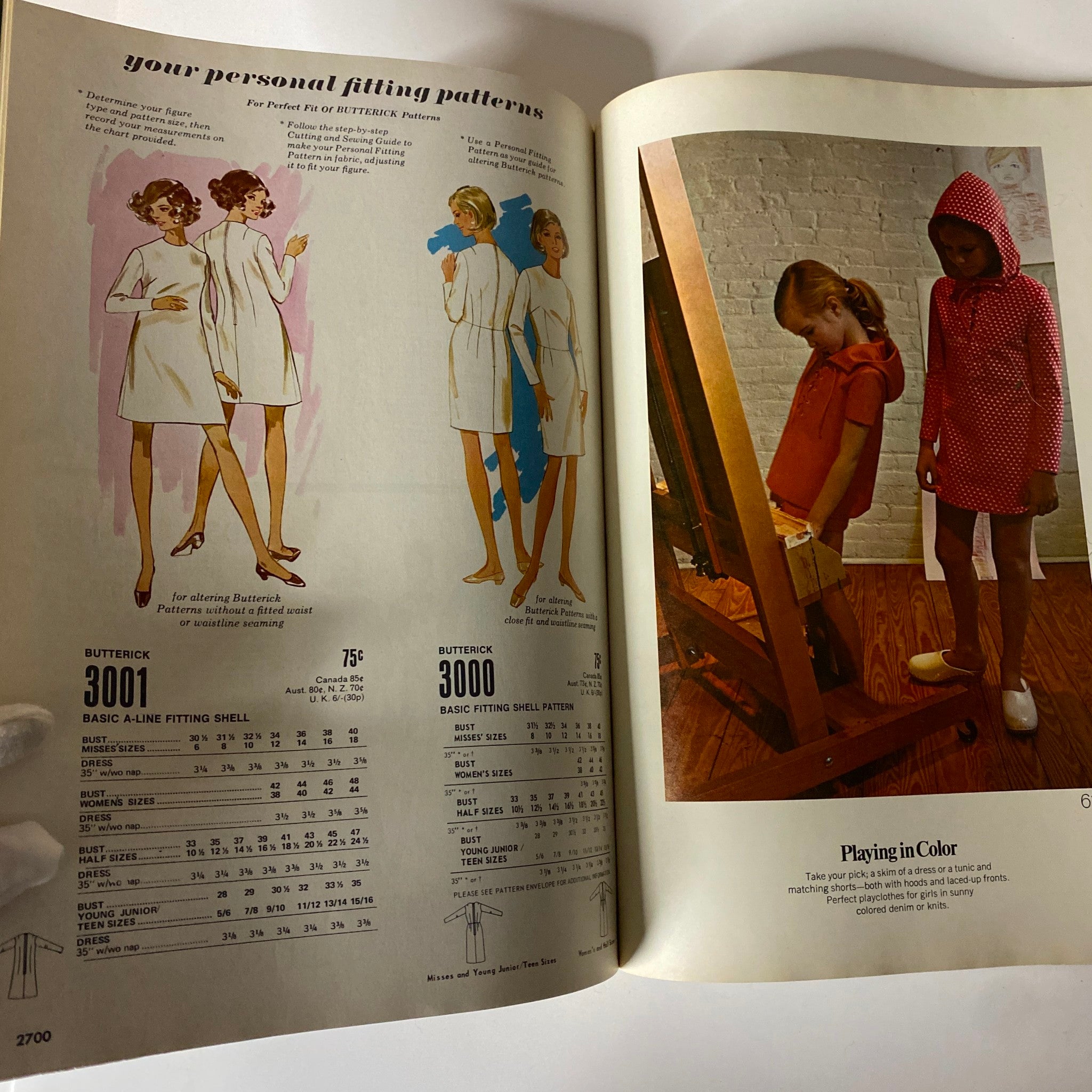Image from the 1971 July Butterick Vogue Collection Catalog featuring personal fitting patterns. Displays models in simple dresses, with an emphasis on custom-fitting for better sewing outcome.