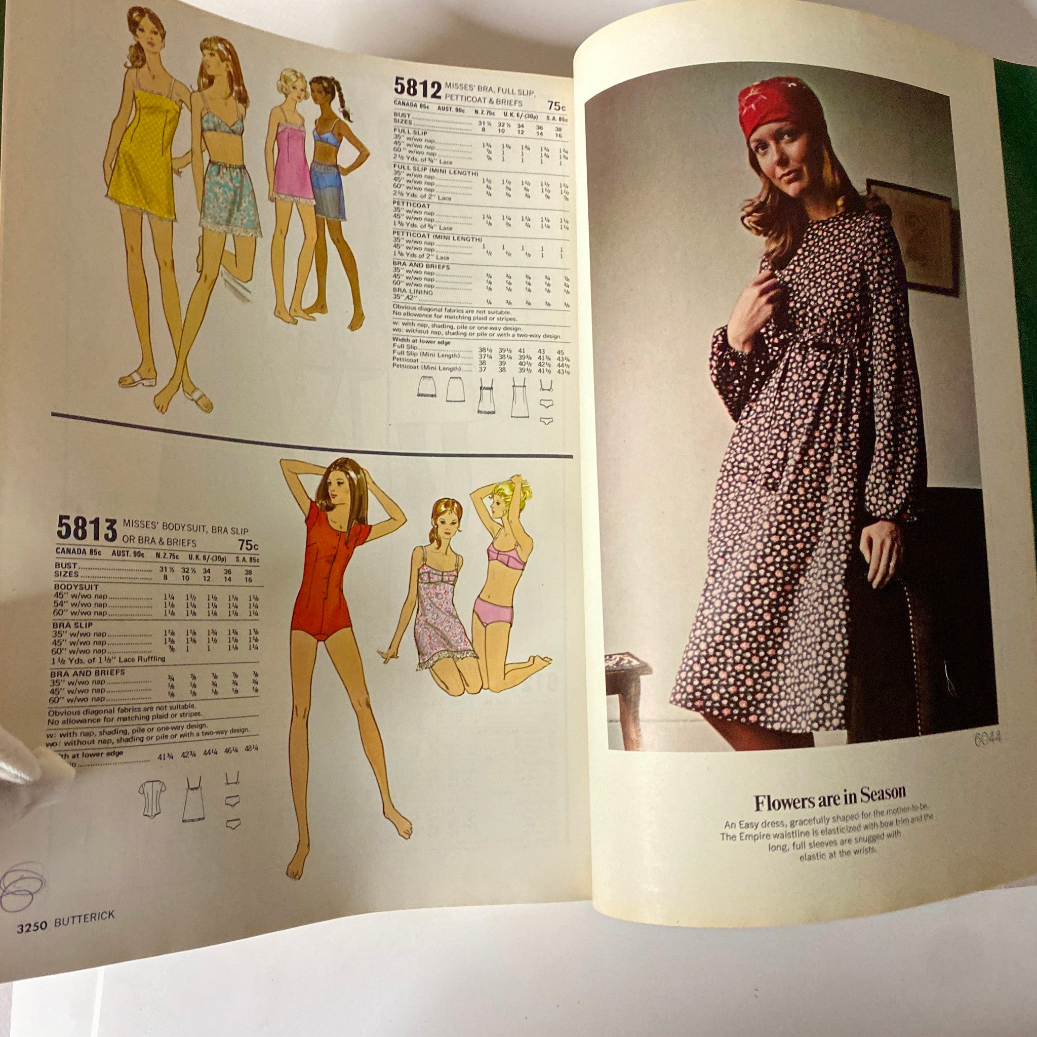 Visual from the 1971 July Butterick Vogue Collection Catalog showcasing swim and loungewear patterns. Features models in colorful bikinis and dresses, highlighting vintage summer styling.