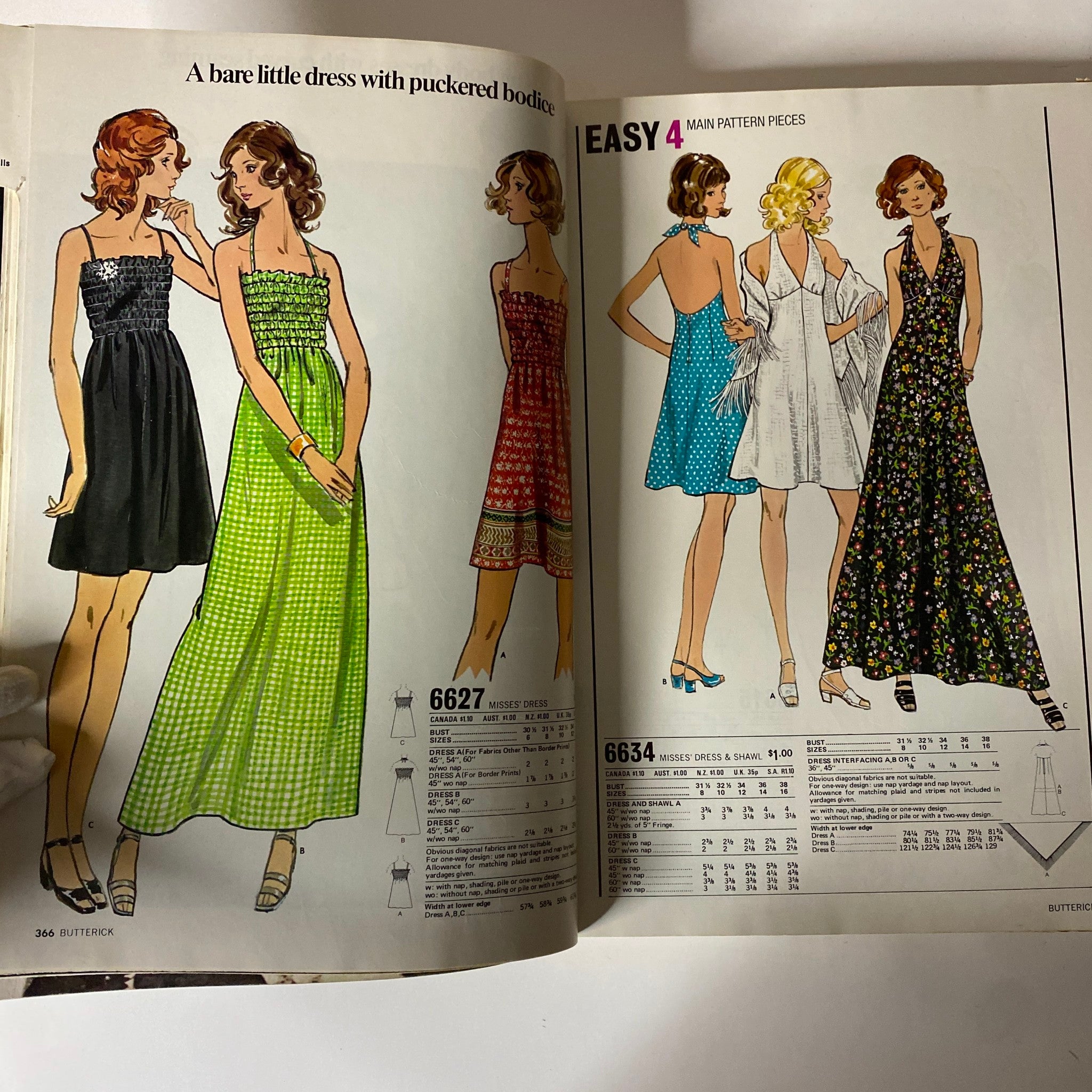 1972 May Butterick Catalog showing illustrated patterns of stylish summer dresses ideal for casual wear, showcasing designs suitable for misses and juniors.