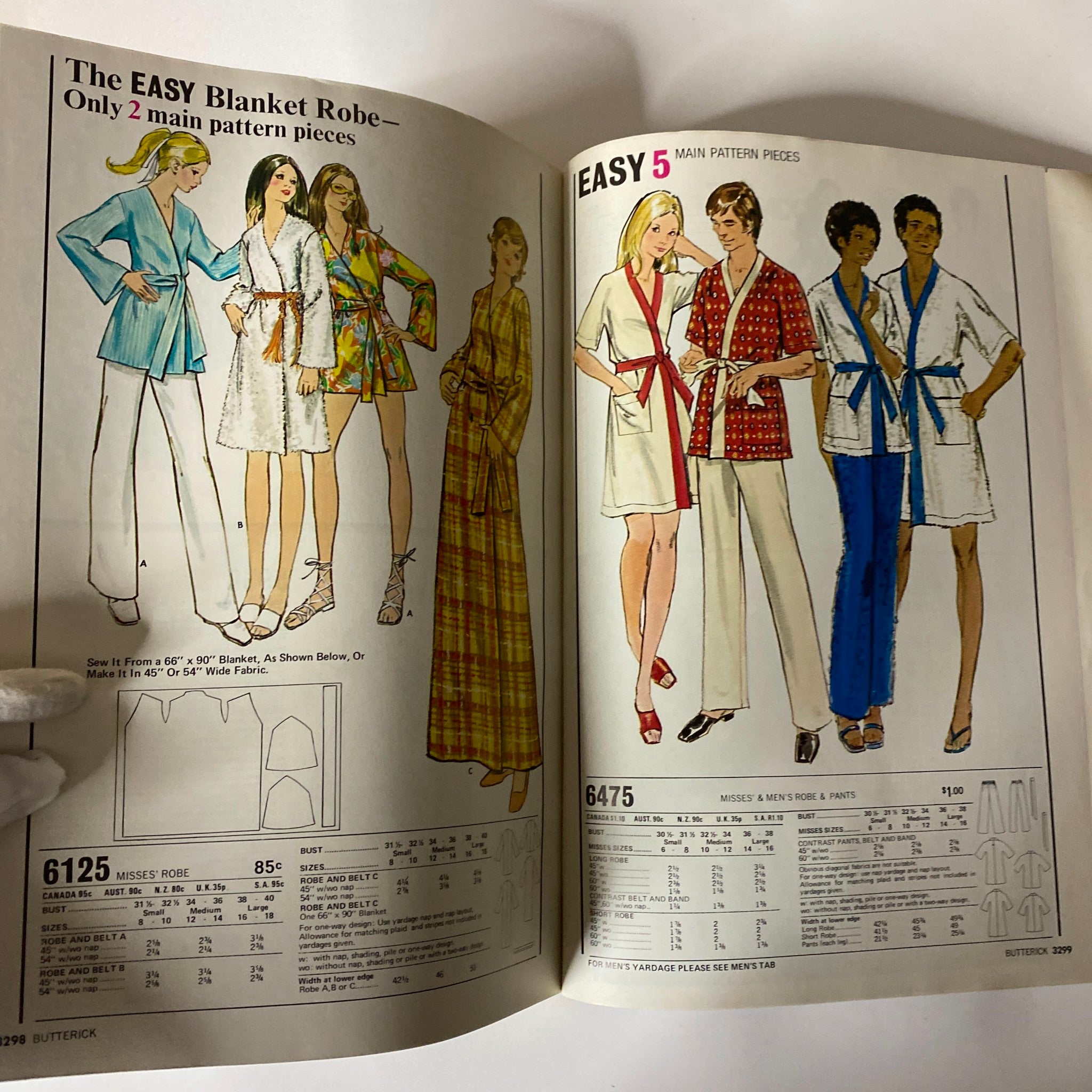 1972 May Butterick Catalog displaying easy blanket robe sewing patterns with images of models showcasing various robe designs in vibrant colors.