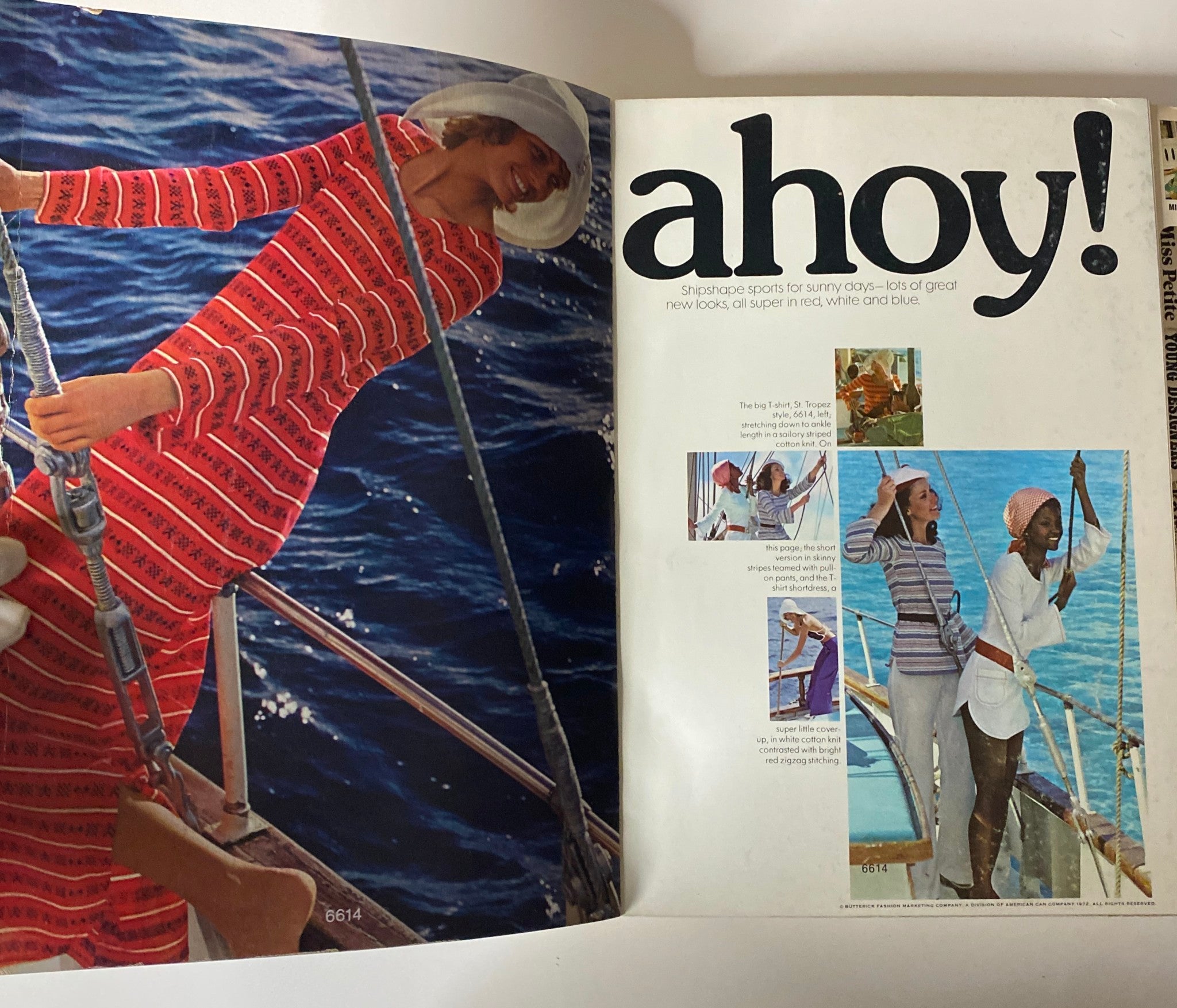Interior pages of the 1972 June Butterick Miss Petite Catalog highlighting a vibrant red dress and multi-style fashion designs for sunny days.