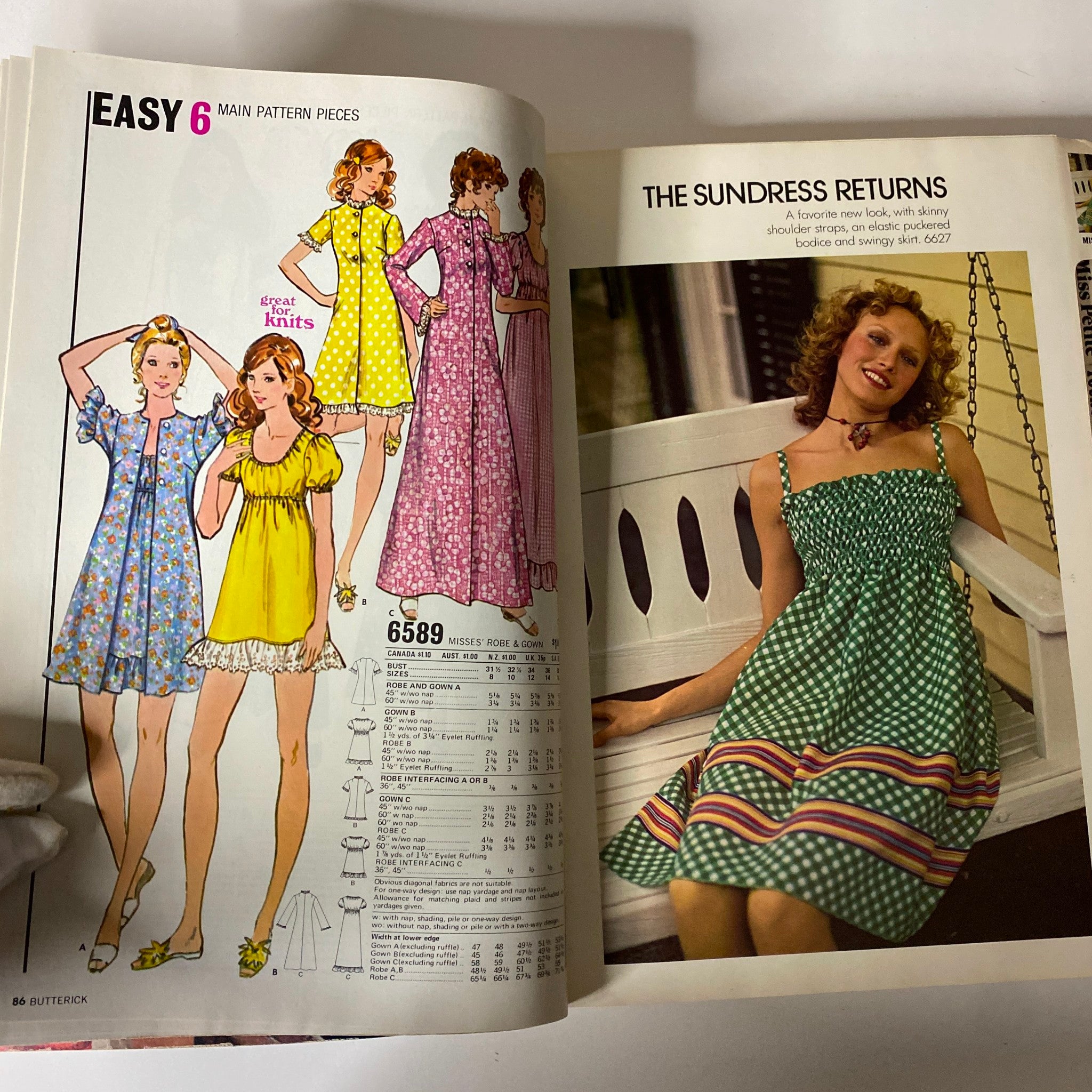 Two-page spread from the 1972 June Butterick Miss Petite Catalog featuring various designs for dresses and gowns including floral patterns.