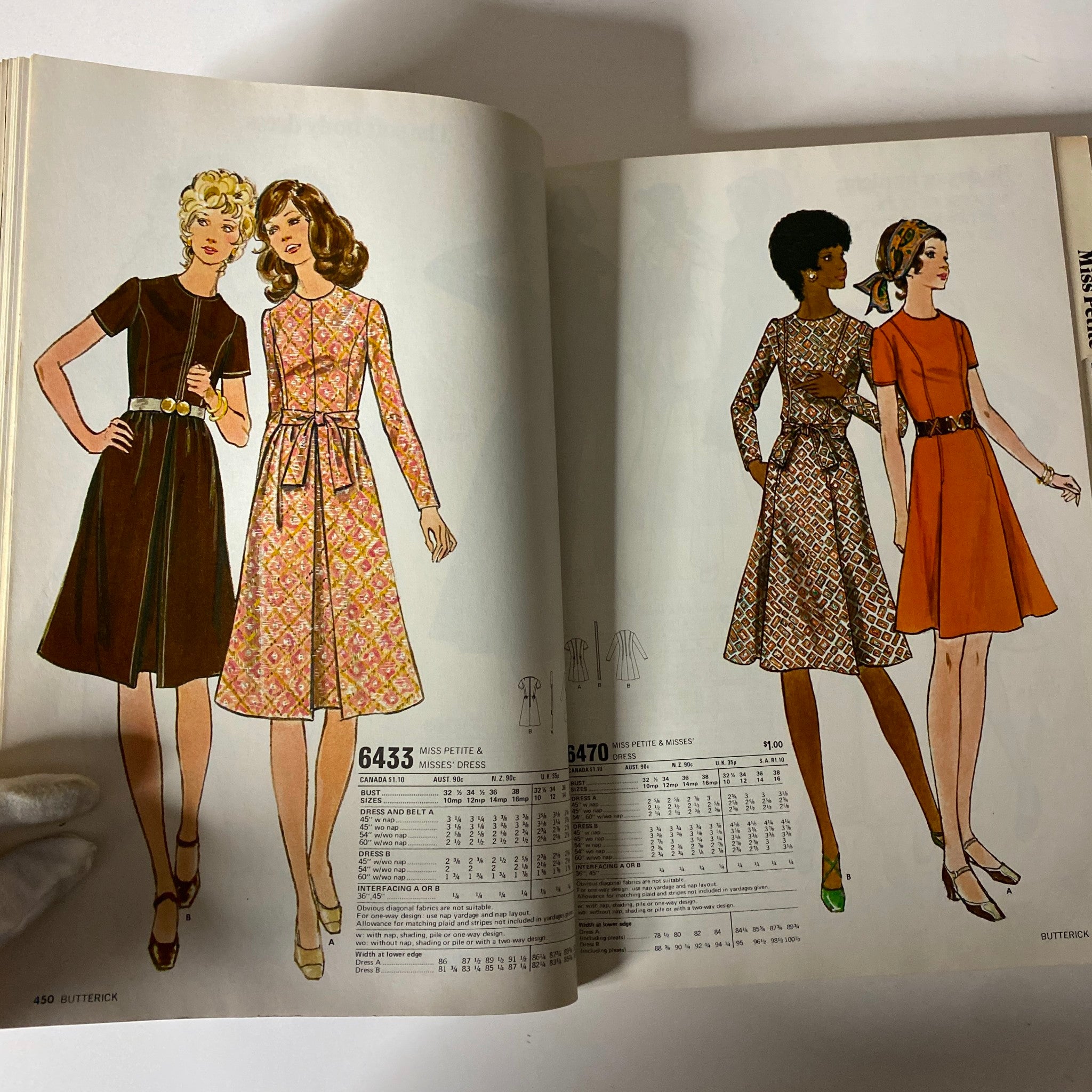 Illustrated page from the 1972 June Butterick Miss Petite Catalog displaying Miss Petite pattern designs including dresses and jumpsuits.