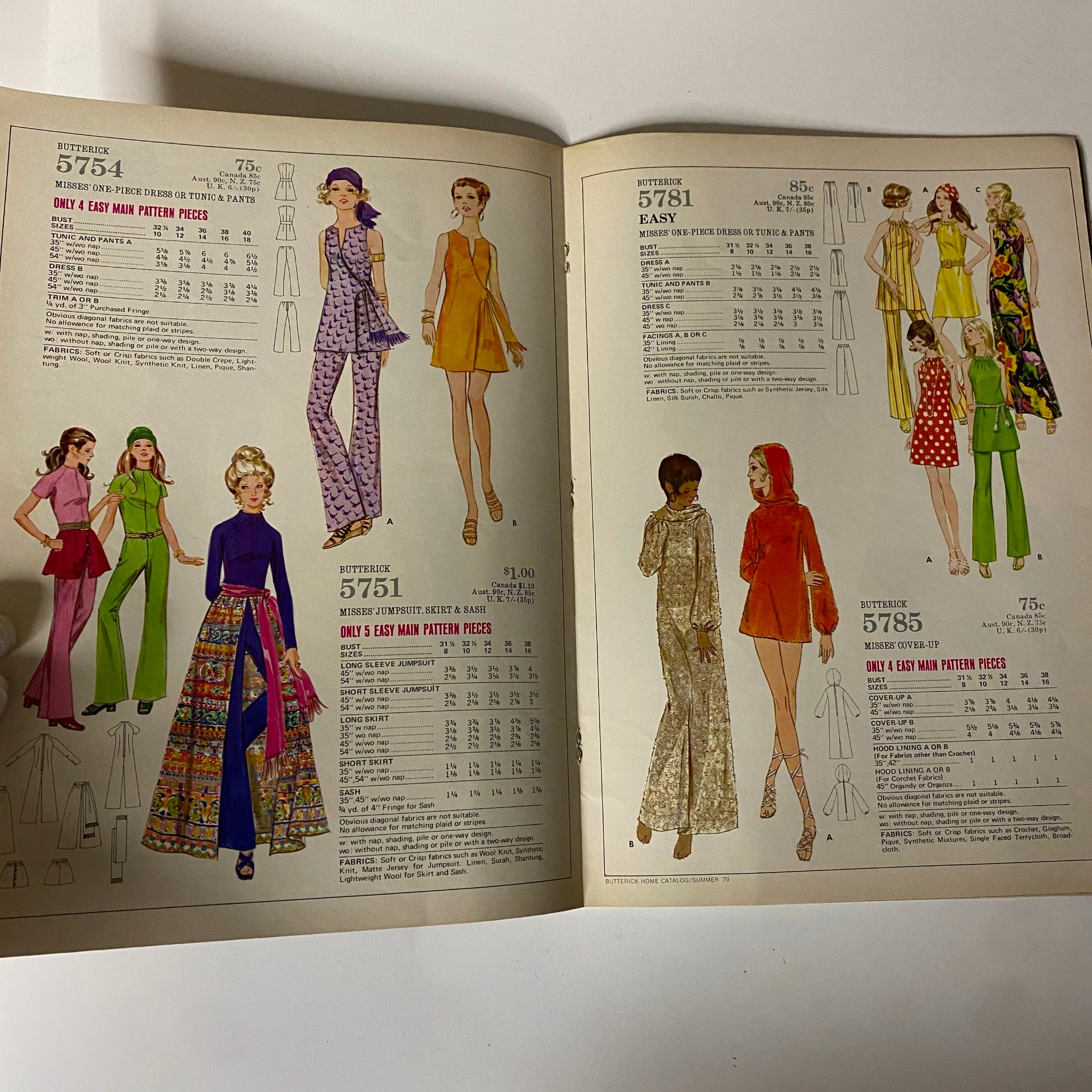 1970 Butterick Summer Home Catalog showcasing fashion illustrations of stylish women's patterns, including jumpsuits and dresses suitable for summer wear. The catalog features a variety of designs, highlighting the relaxed fashion trends of the early 1970s.