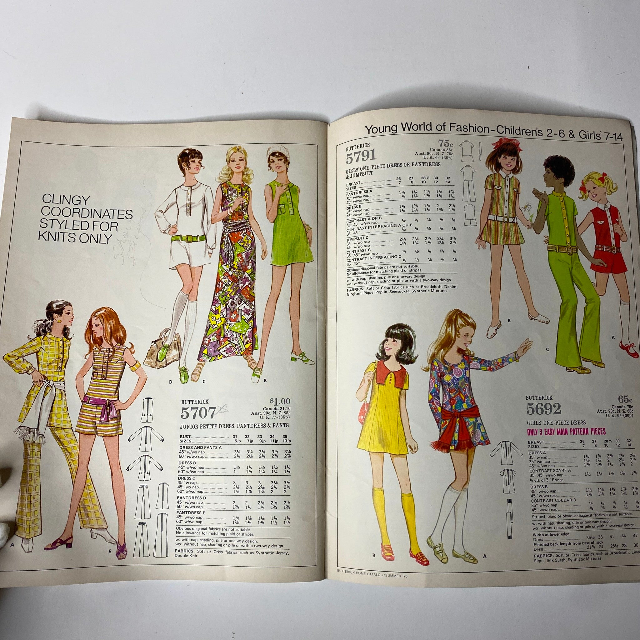 Youth-oriented page from the 1970 Butterick Summer Home Catalog displaying children's fashion patterns. Features colorful outfits and accessories, capturing the playful and trendy styles of the era for young girls.