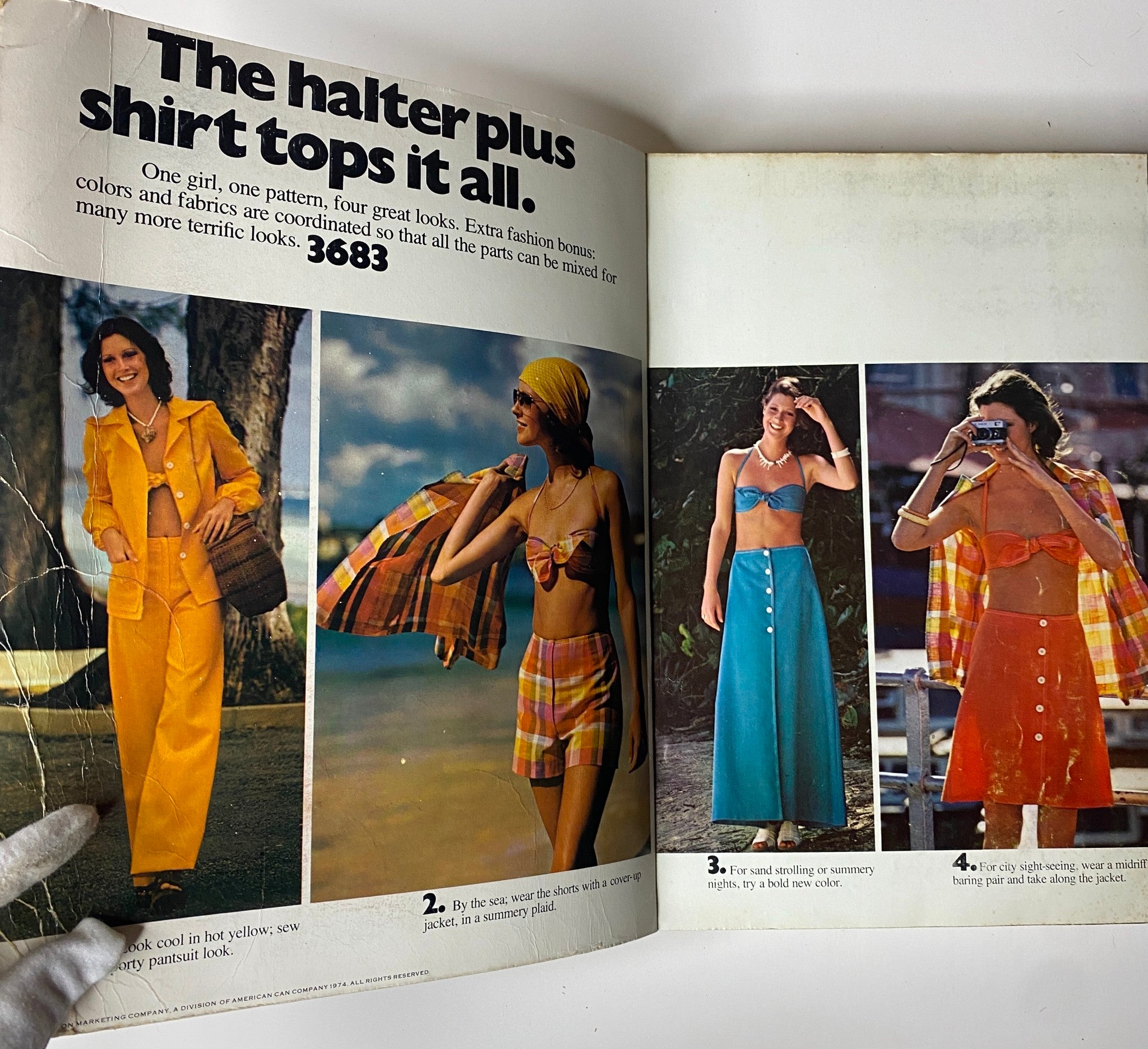 1974 June Butterick Catalog showcasing stylish halter tops and skirts in vibrant colors, featuring mix and match patterns for versatile outfits.