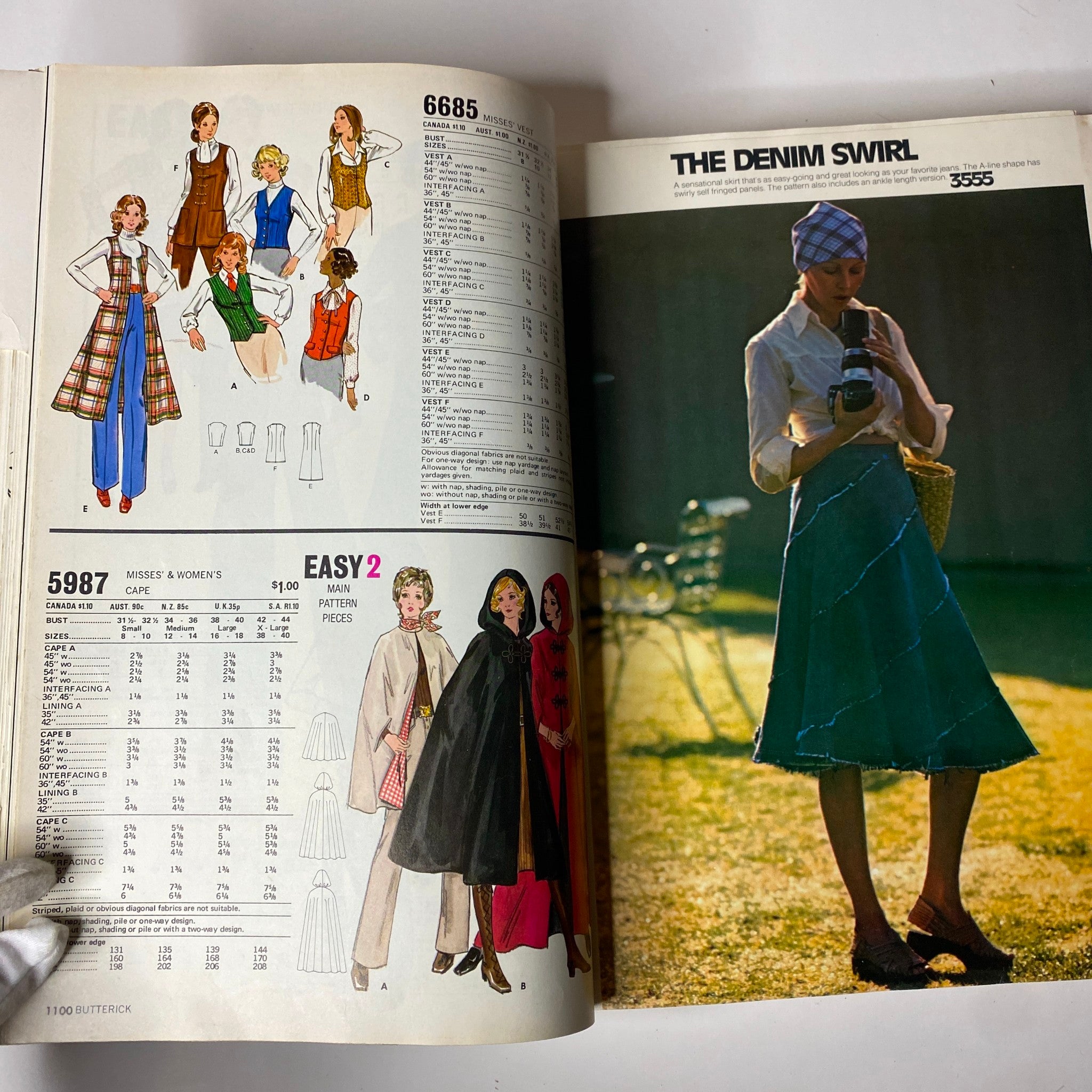 1974 June Butterick Catalog displaying trendy outfit ideas, including a denim skirt and cape, emphasizing the versatility of vintage fashion patterns.