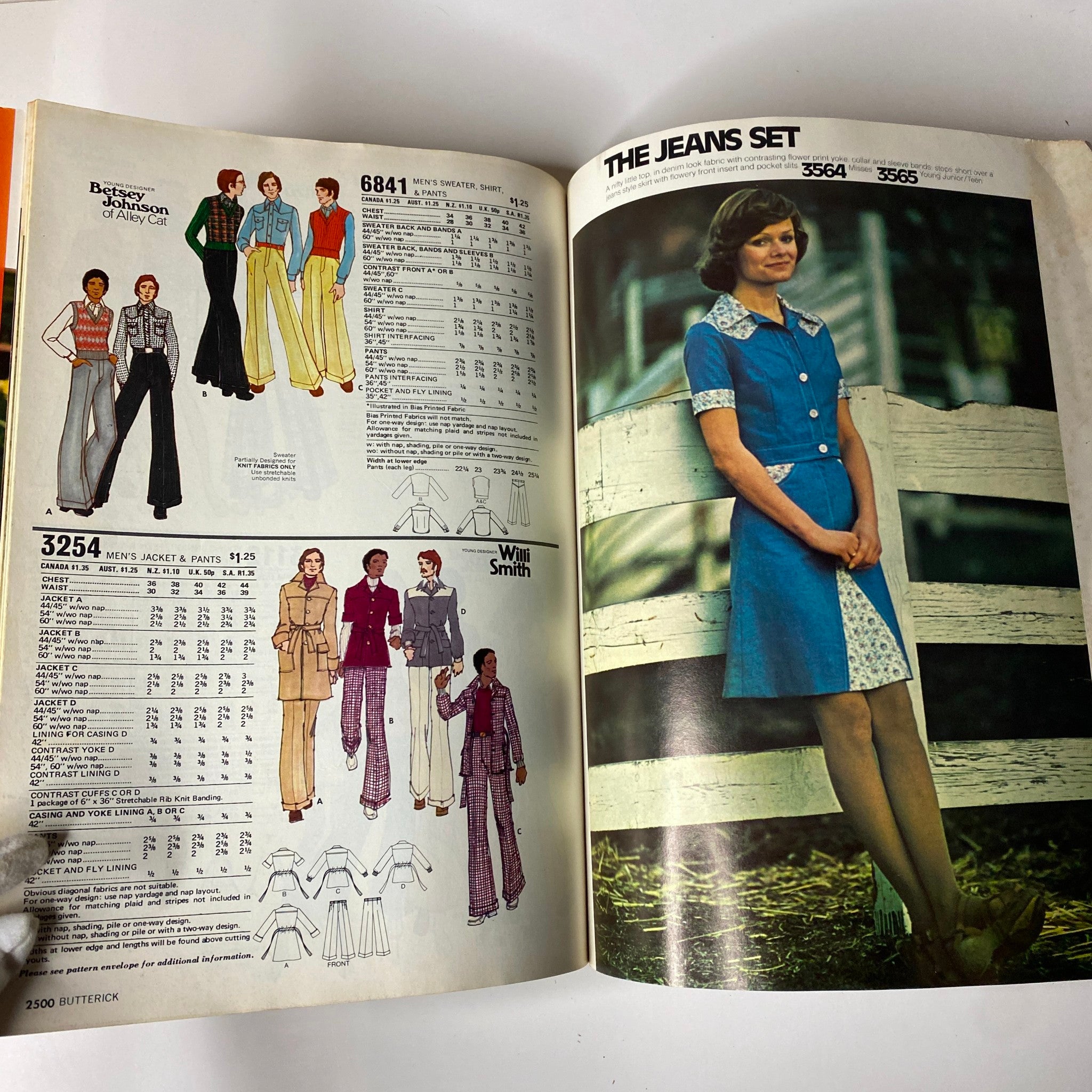 1974 June Butterick Catalog offering a variety of men's and women's pattern options including jeans sets and coordinating outfits for casual wear.