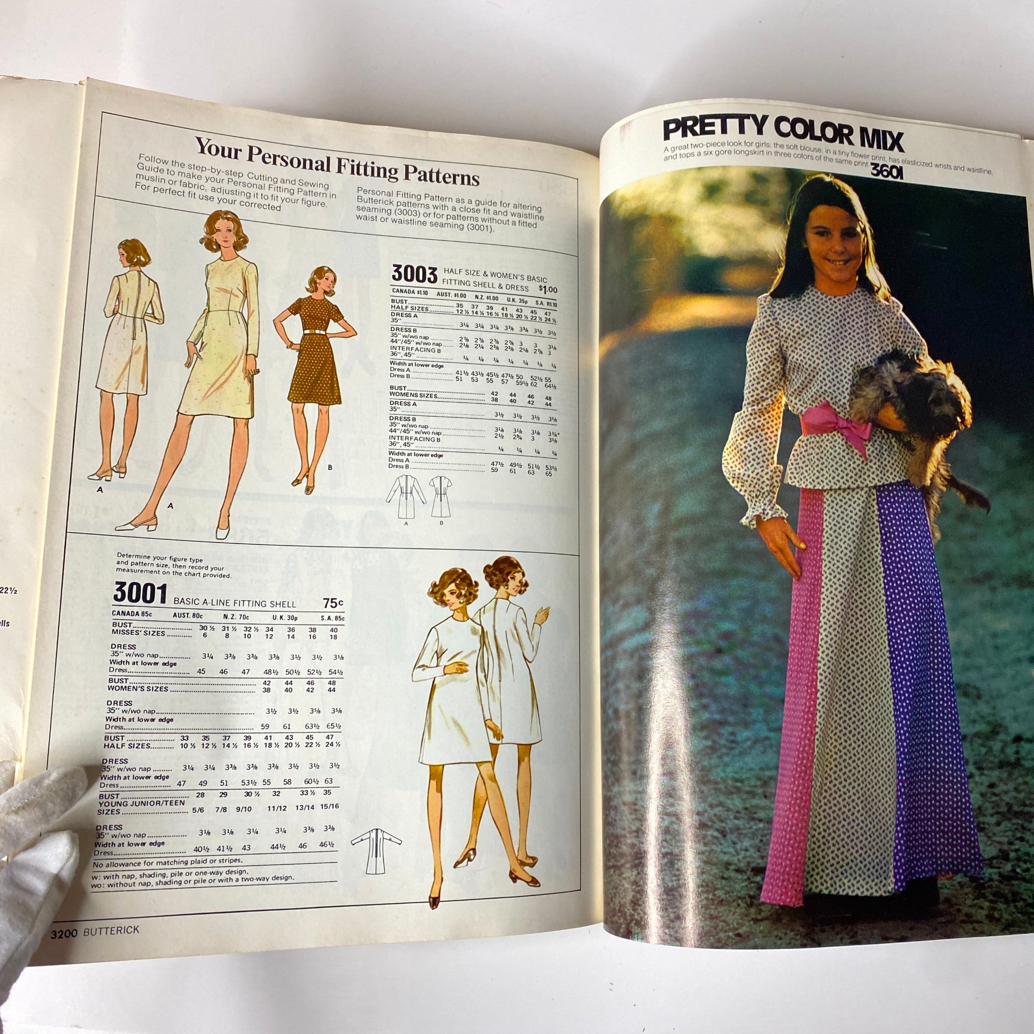 1974 June Butterick Catalog highlighting personal fitting patterns and classic styles, with illustrations for dresses and a model wearing a fashionable polka dot ensemble.