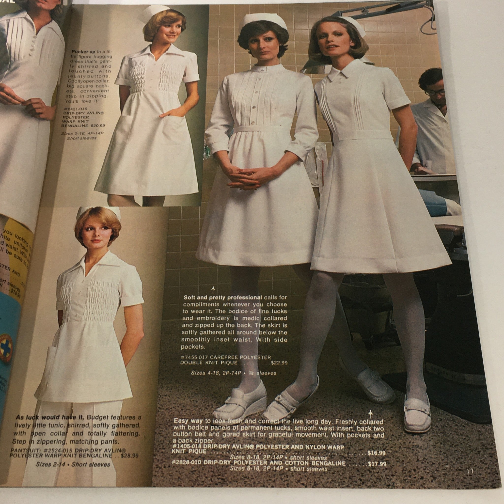 VTG Budget Store Catalog Winter 1977 featuring elegant white dresses, showcasing professional attire from the 70s.