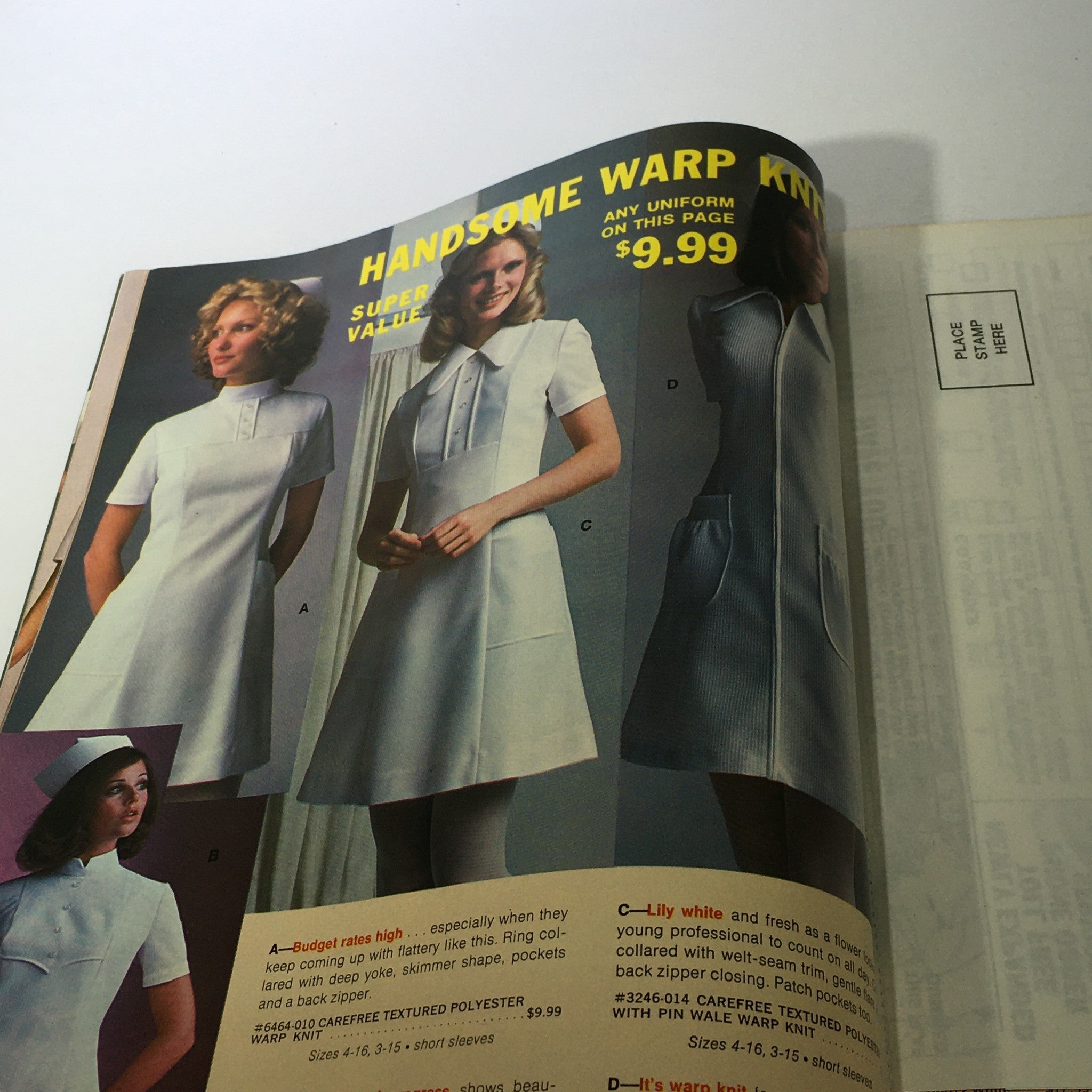 Interior view of VTG Budget Store Catalog Winter 1977 displaying elegant uniforms in a variety of colors and styles.
