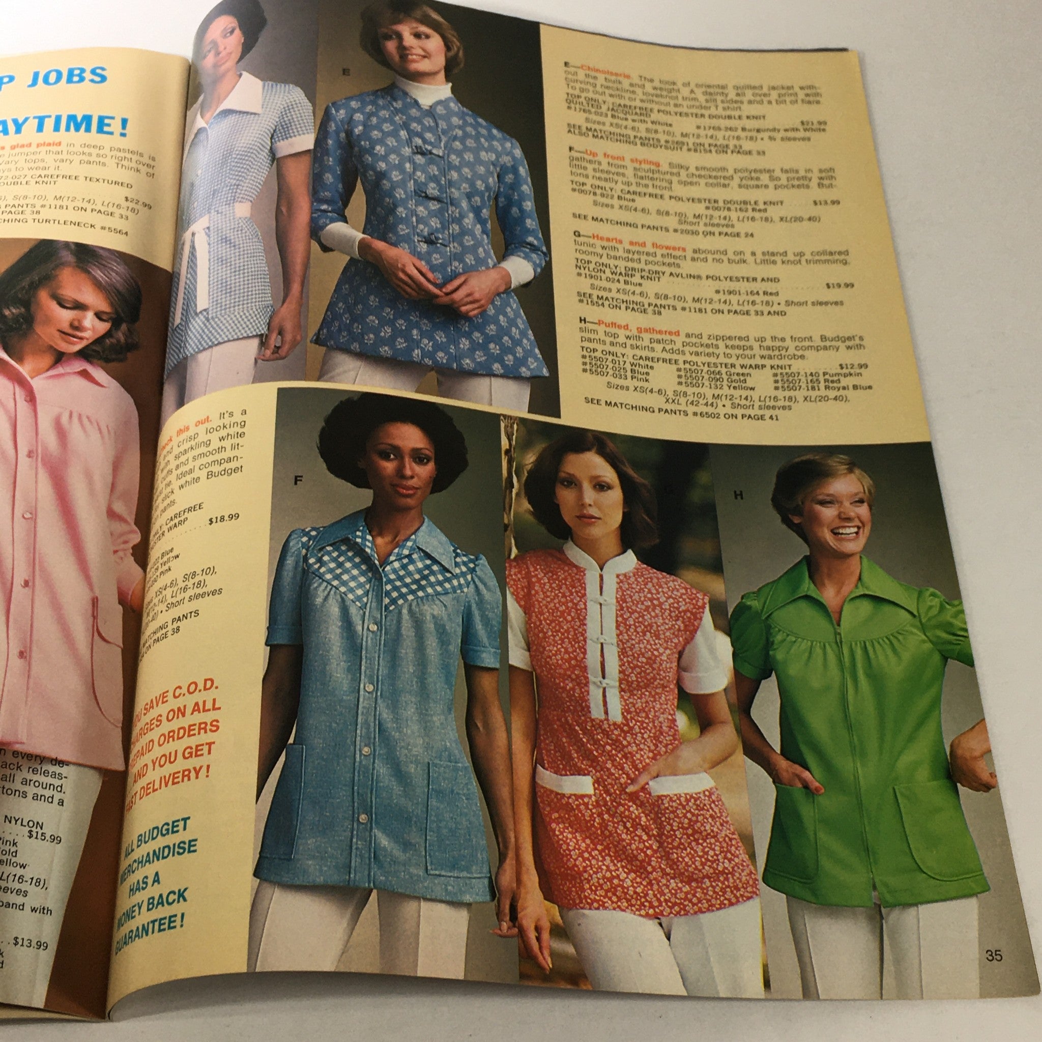 Page from VTG Budget Store Catalog Winter 1977 showcasing colorful blouses and dresses with floral patterns, highlighting 70s fashion.