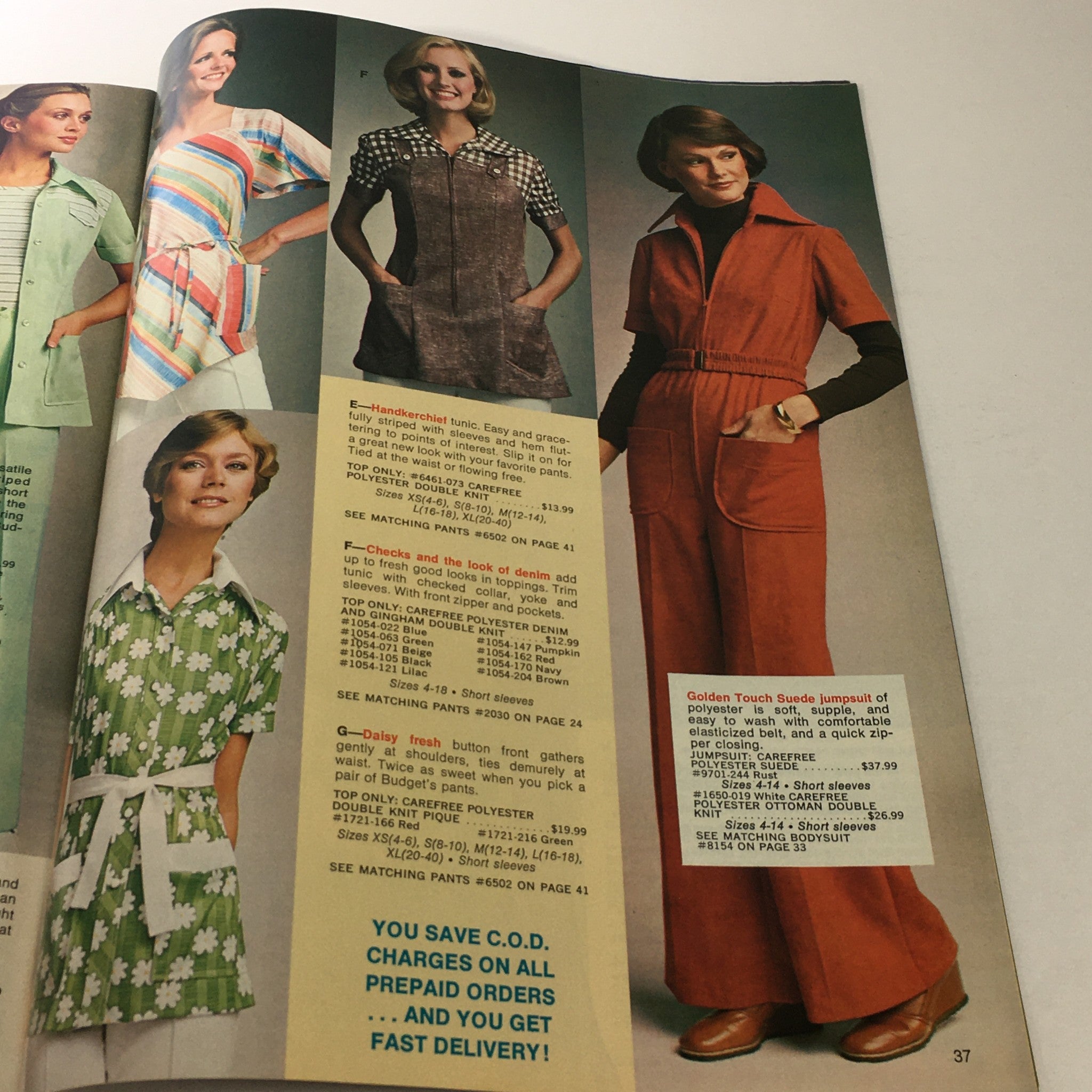 Another page from VTG Budget Store Catalog Winter 1977 featuring stylish outfits including jumpsuits and dresses reminiscent of 1970s trends.