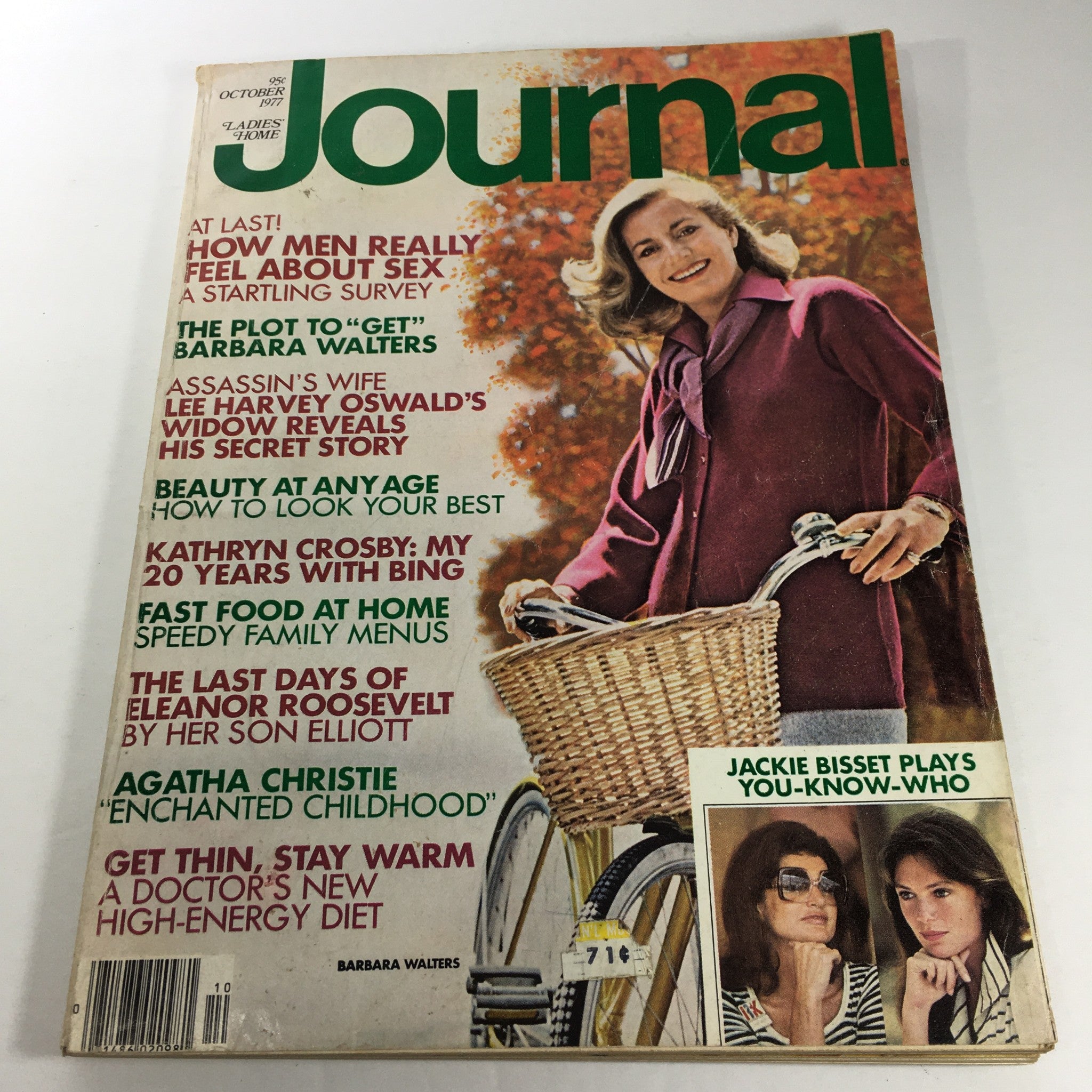 October 1977 vintage magazine cover featuring articles on Agatha Christie, Barbara Walters, and Jackie, showcasing notable topics like 'How Men Really Feel About Sex' and 'Eleanor Roosevelt's Last Days', with a stylish model riding a bicycle.