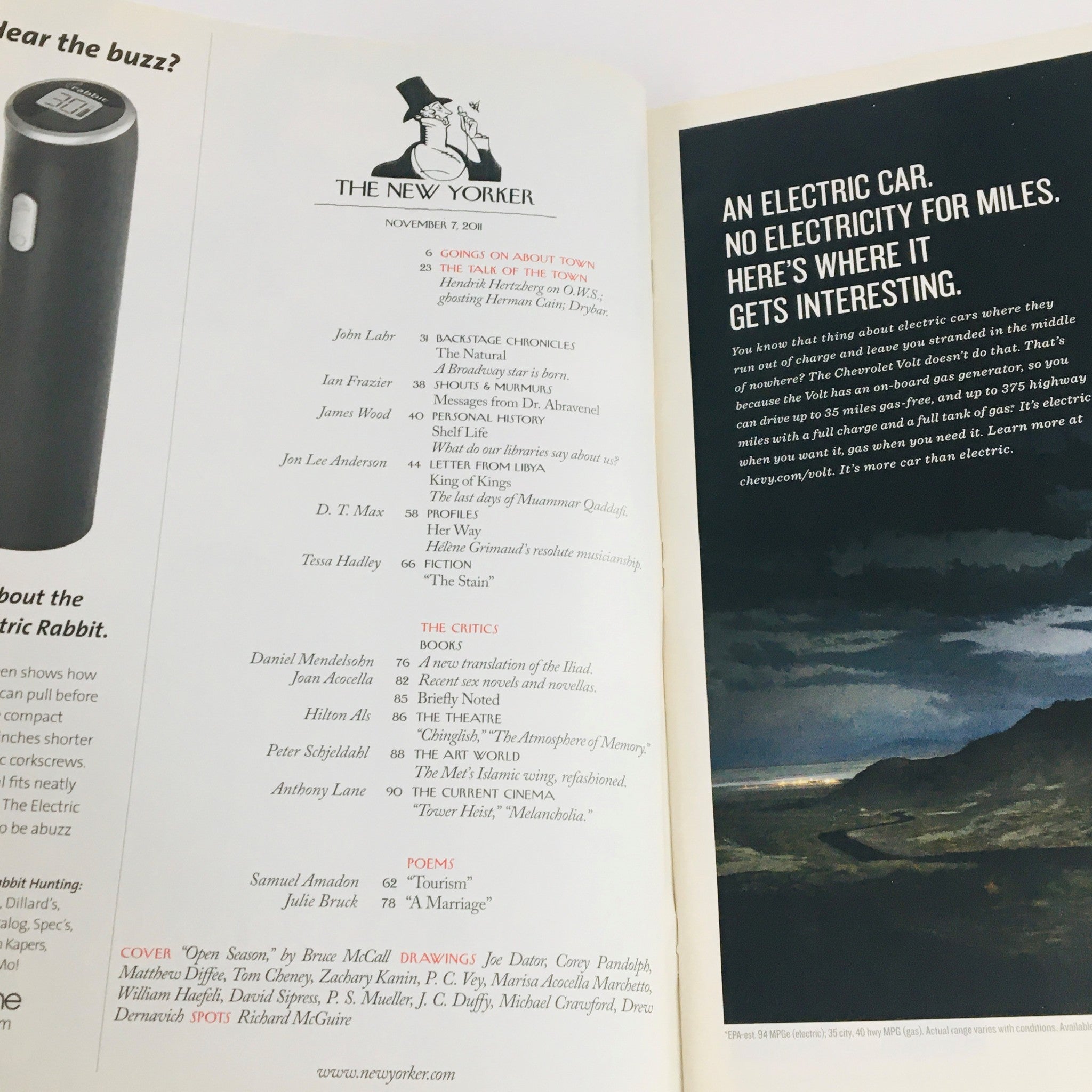 Inside page of The New Yorker November 7, 2011, showcasing the table of contents with article titles and contributors.
