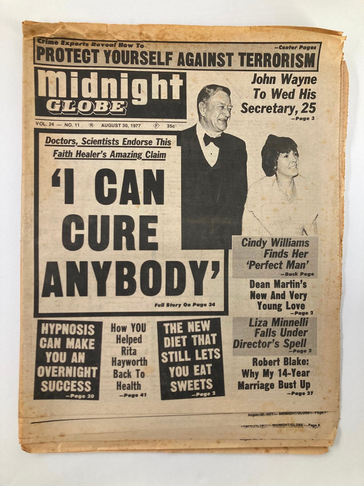 Midnight Globe Tabloid August 30 1977 Vol 24 #11 John Wayne & Cindy Williams