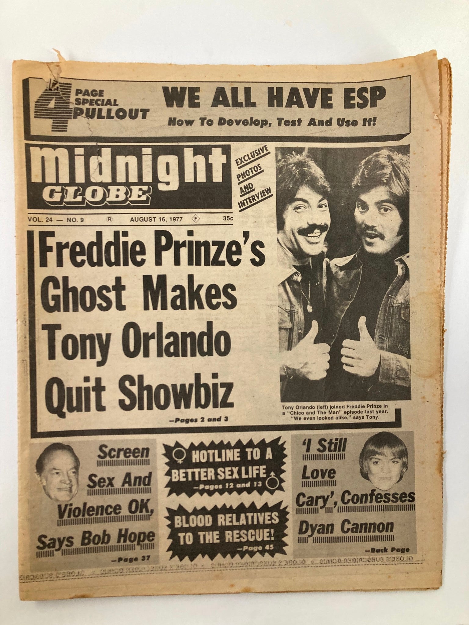 Midnight Globe Tabloid August 16 1977 Vol 24 #9 Tony Orlando & Freddie Prinze