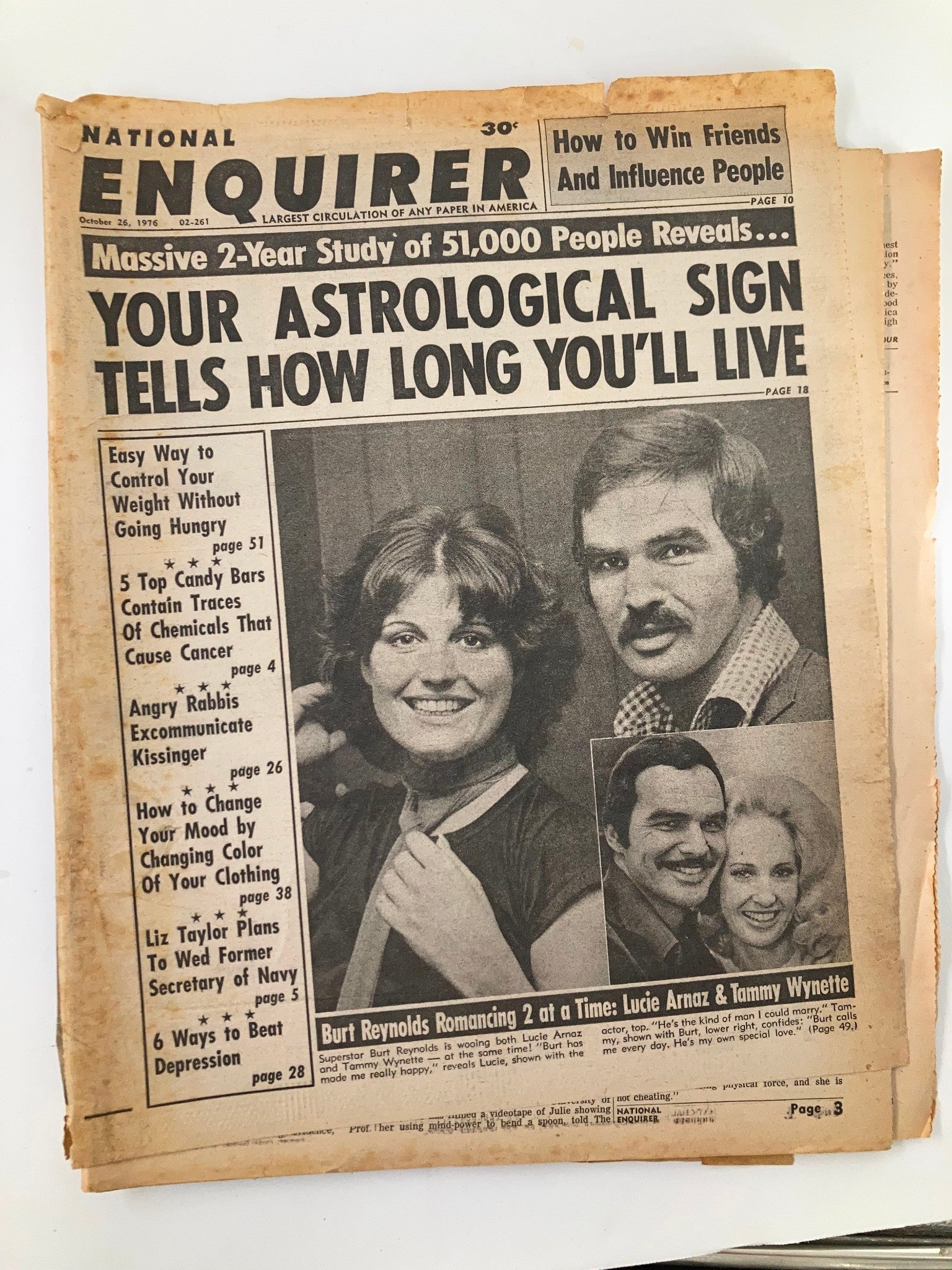 National Enquirer Tabloid October 26 1976 Burt Reynolds, Lucie Arnaz & Tammy