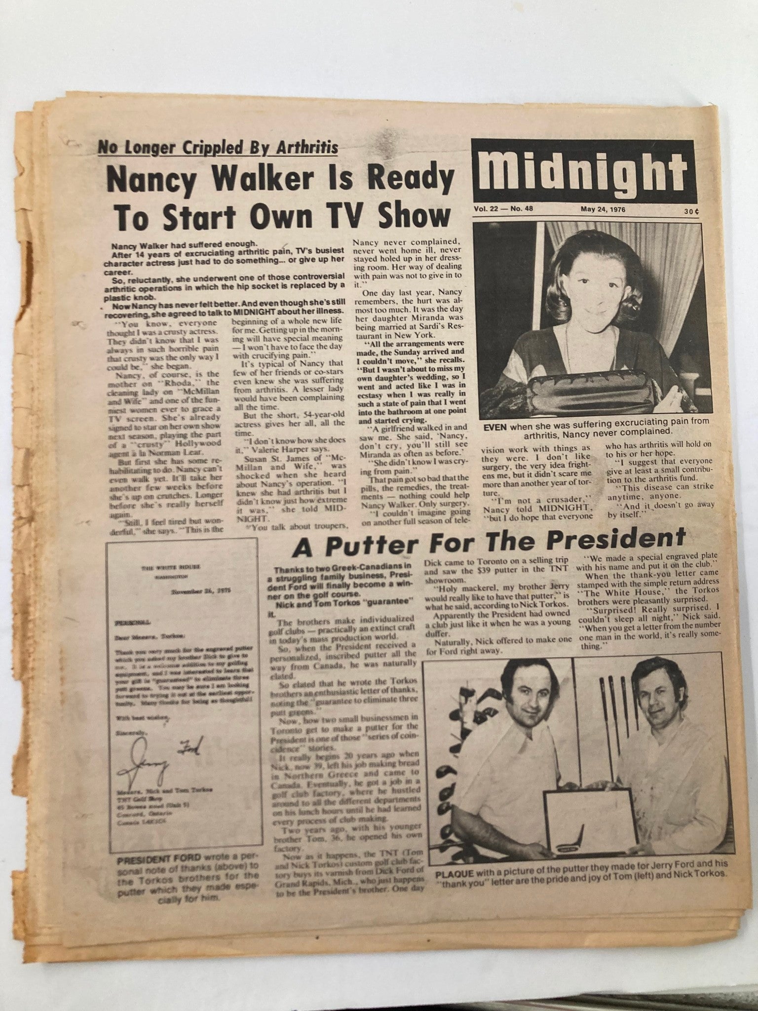 Midnight Tabloid May 24, 1976 Vol 22 No 48 featuring a story on Nancy Walker, presenting a vintage magazine page filled with text and images related to 1970s celebrity culture.