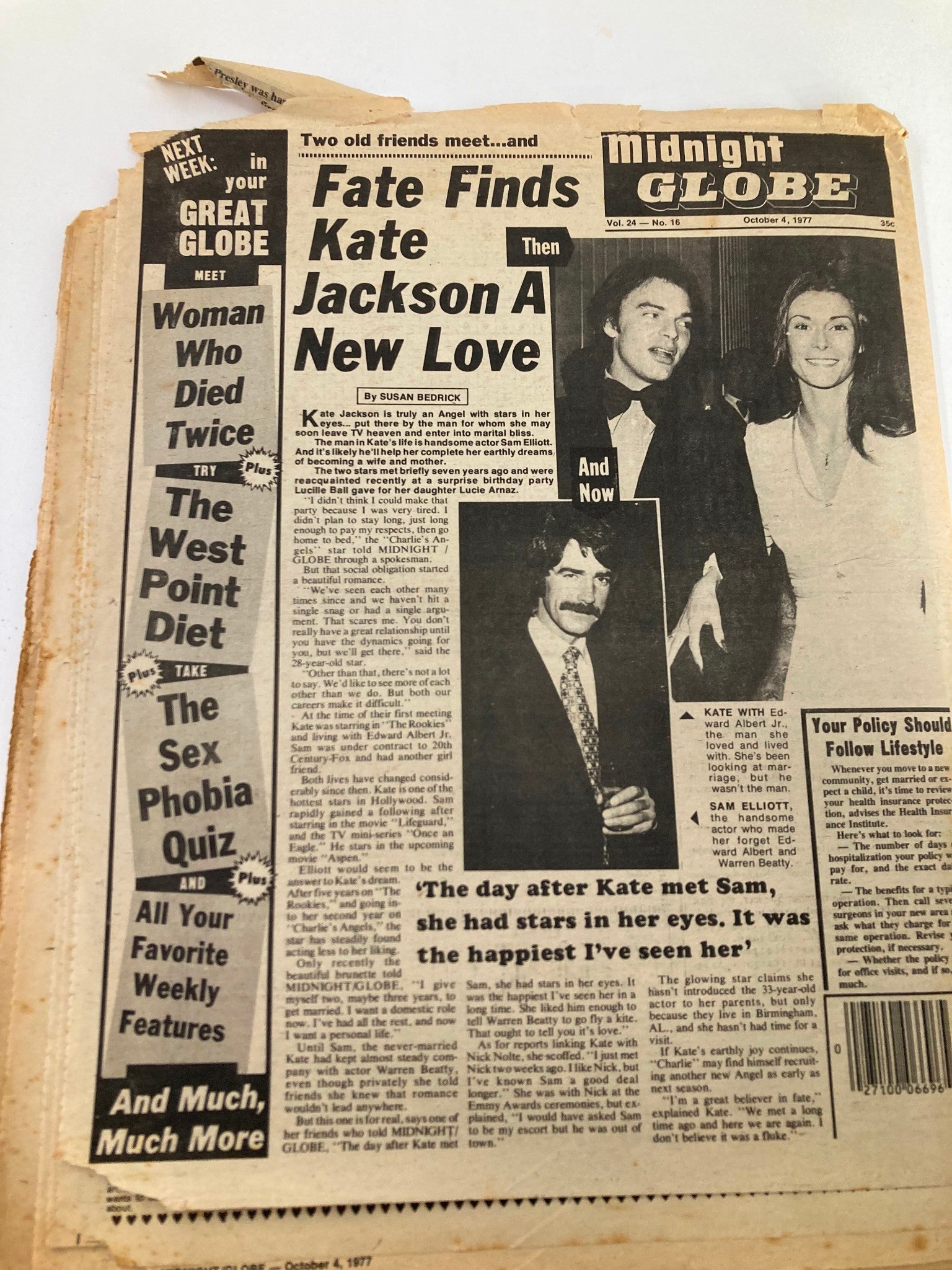 Midnight Globe Tabloid October 4 1977 Vol 24 #16 Kate Jackson & Sam Elliott