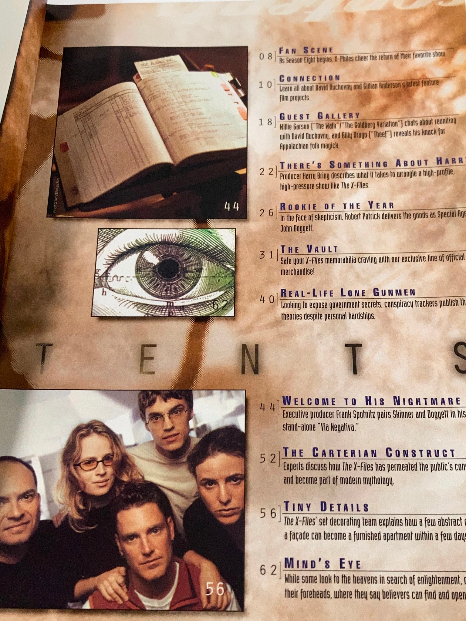 Table of contents from The X-Files Magazine 2000 featuring features on episodes, interviews, and behind-the-scenes content including topics like 'There's Something About Harry' and 'The Vault'.