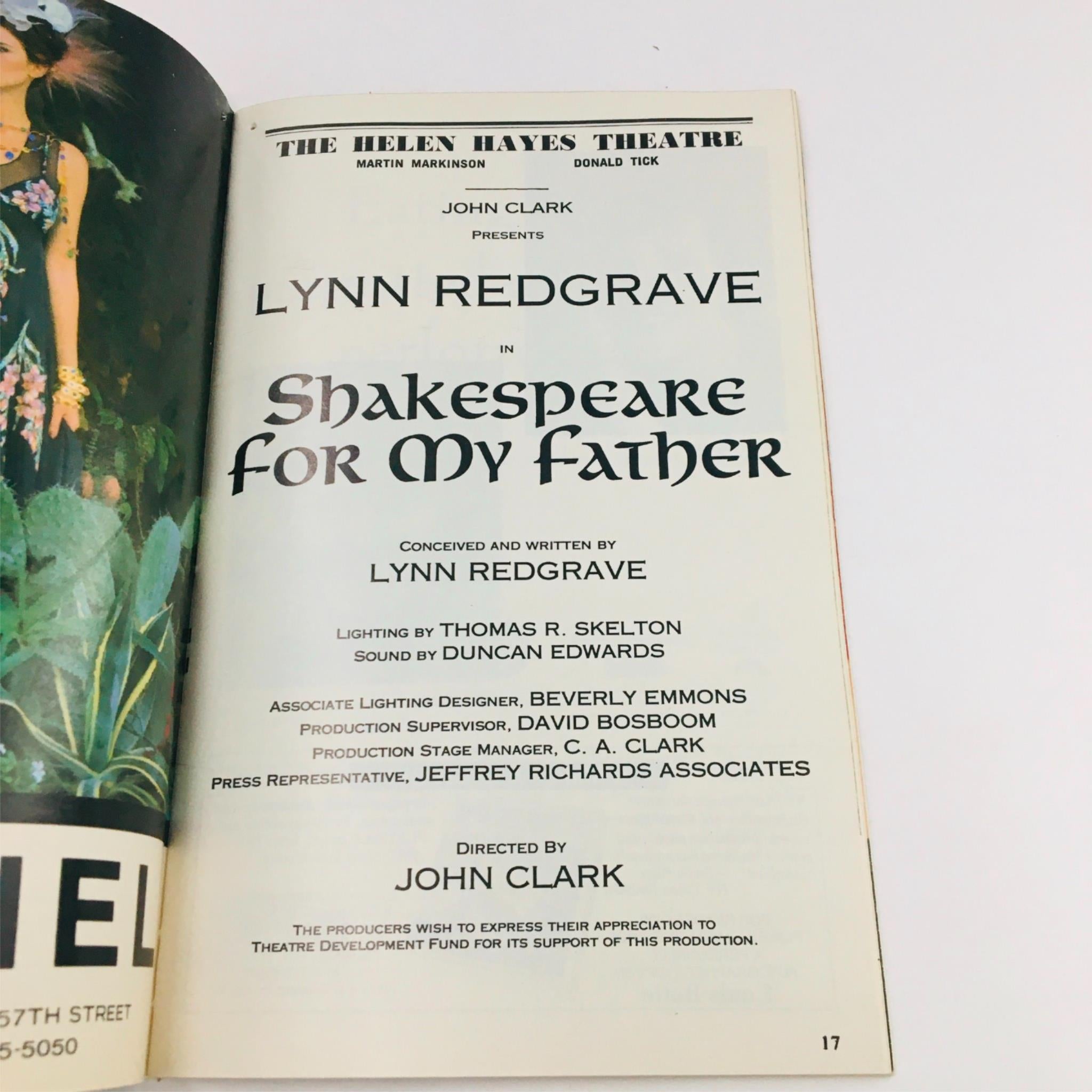 1993 Playbill Shakespeare For My Father by Lynn Redgrave at Helen Hayes Theatre