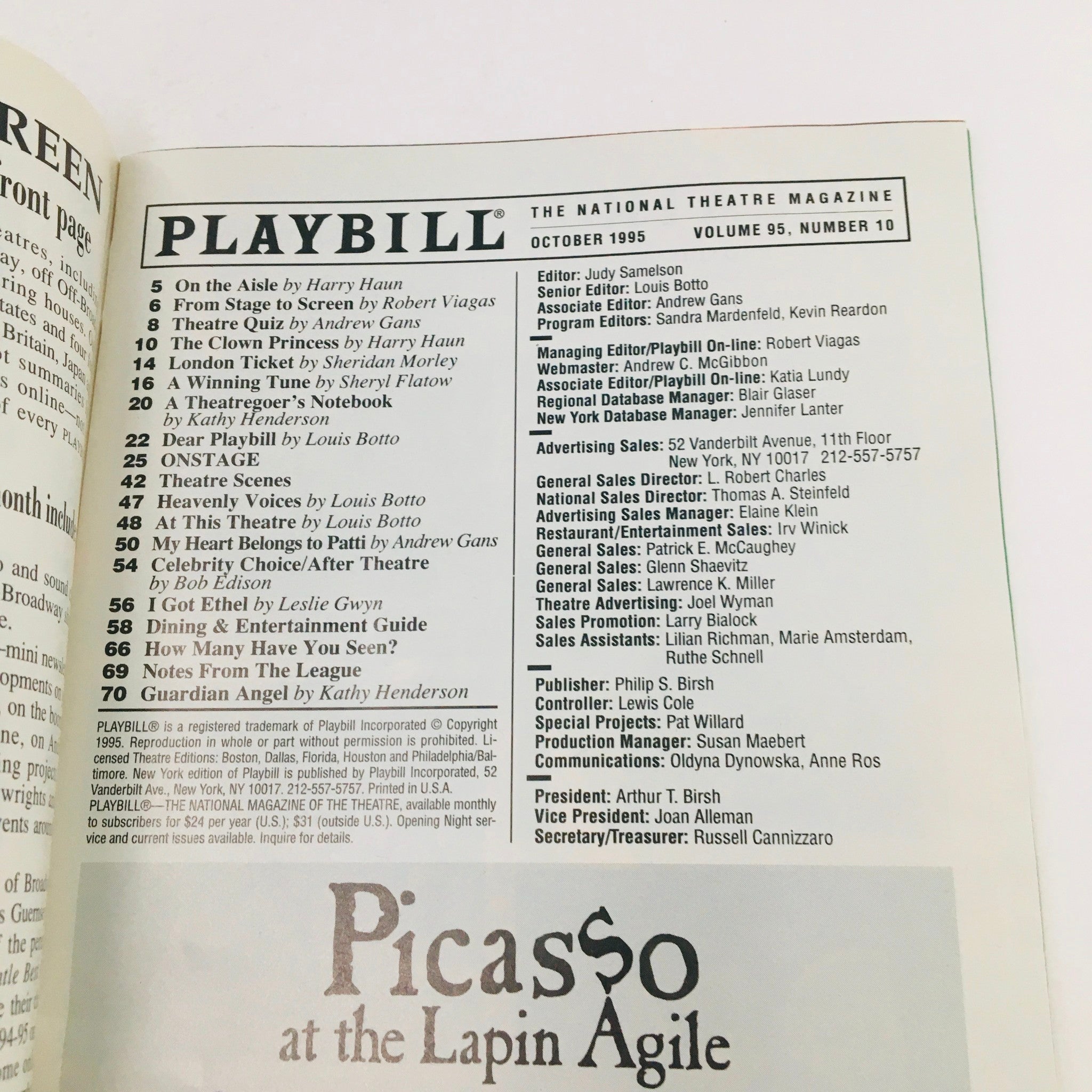 1995 Playbill Patti Lu Pone On Broadway by Scott Wittman at Walter Kerr Theatre