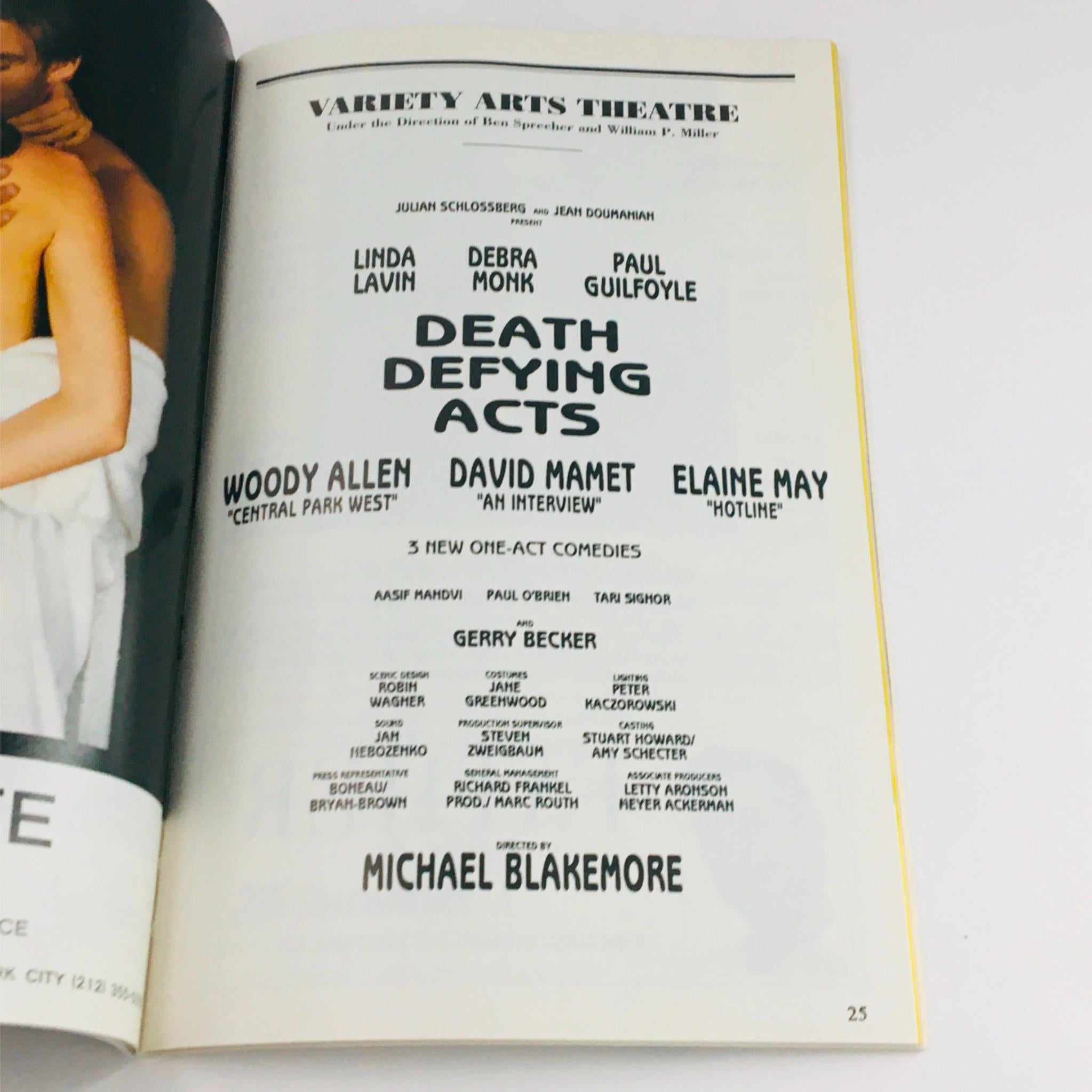 1995 Playbill Death Defying Acts by Michael Blakemore at Variety Arts Theatre