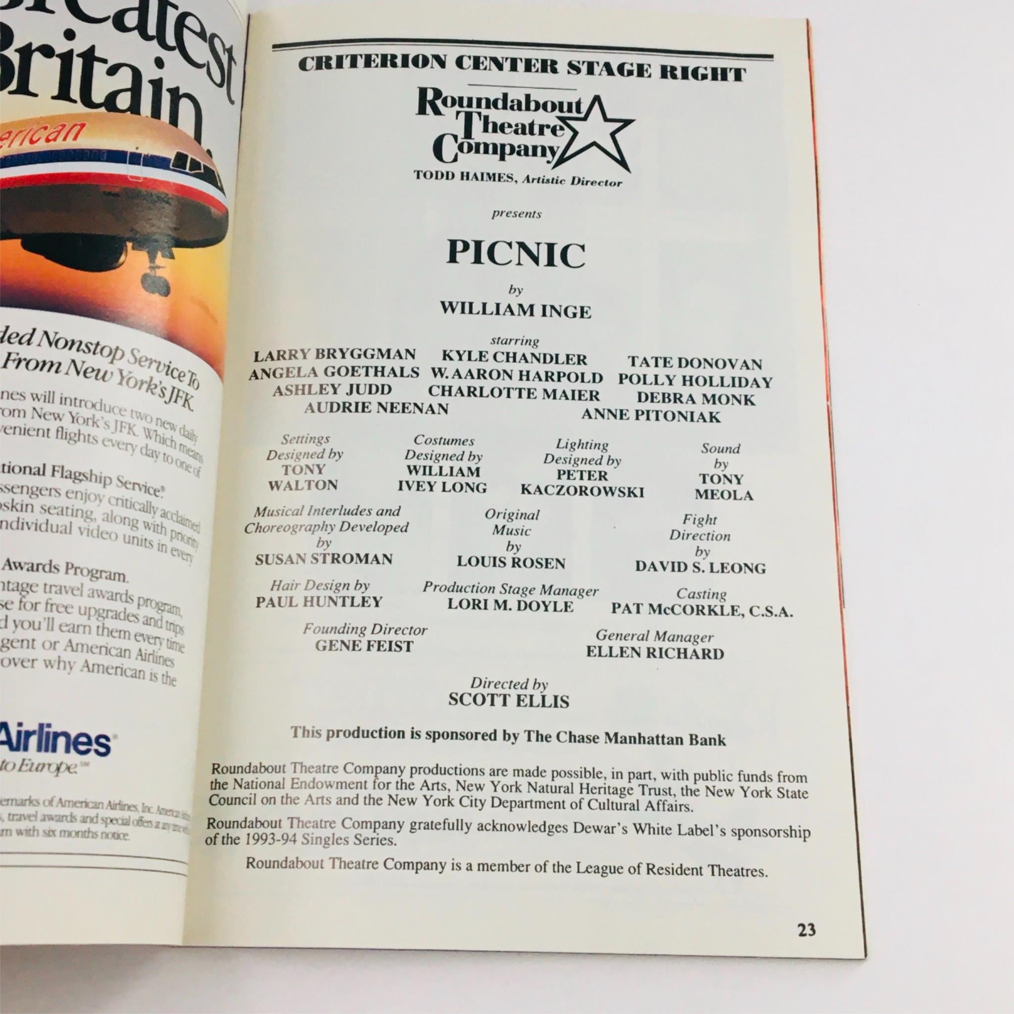 1994 Playbill Picnic by William Inge, Scott Ellis, Criterion Center Stage Right