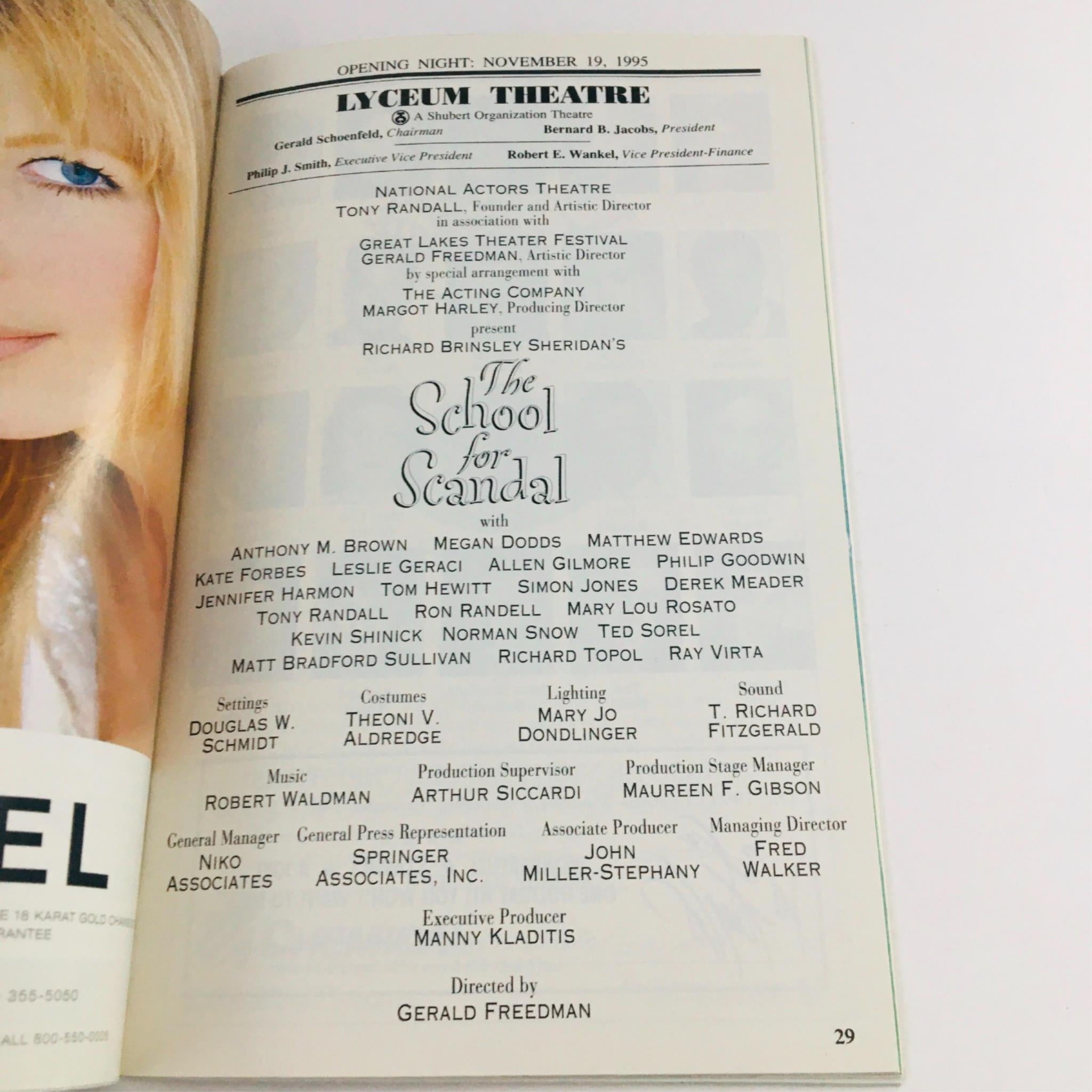 1995 Playbill The School For Scandal by Gerald Freedman at Lyceum Theatre