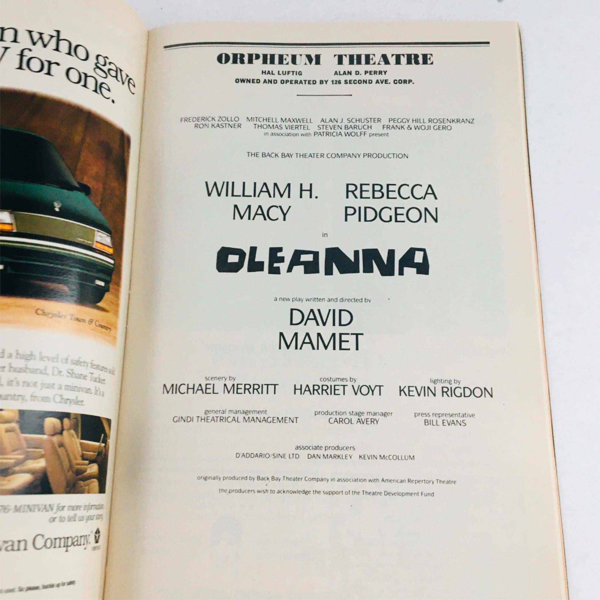 1993 Playbill Oleana by David Mamet at Orpheum Theatre