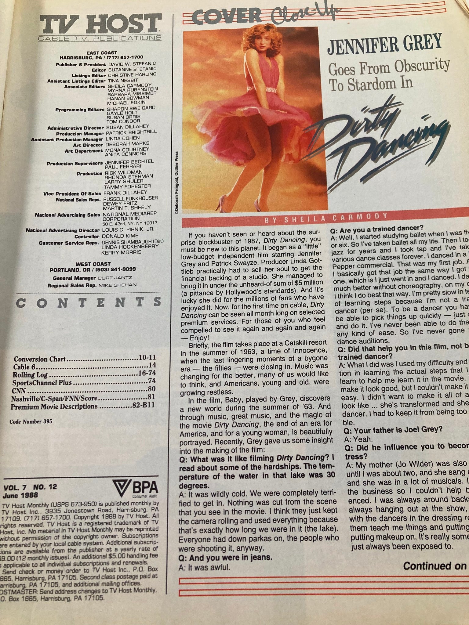 TV Host Magazine June 1988 Vol 7 #12 featuring Jennifer Grey on the cover, showcasing her transition from obscurity to stardom in 'Dirty Dancing'.