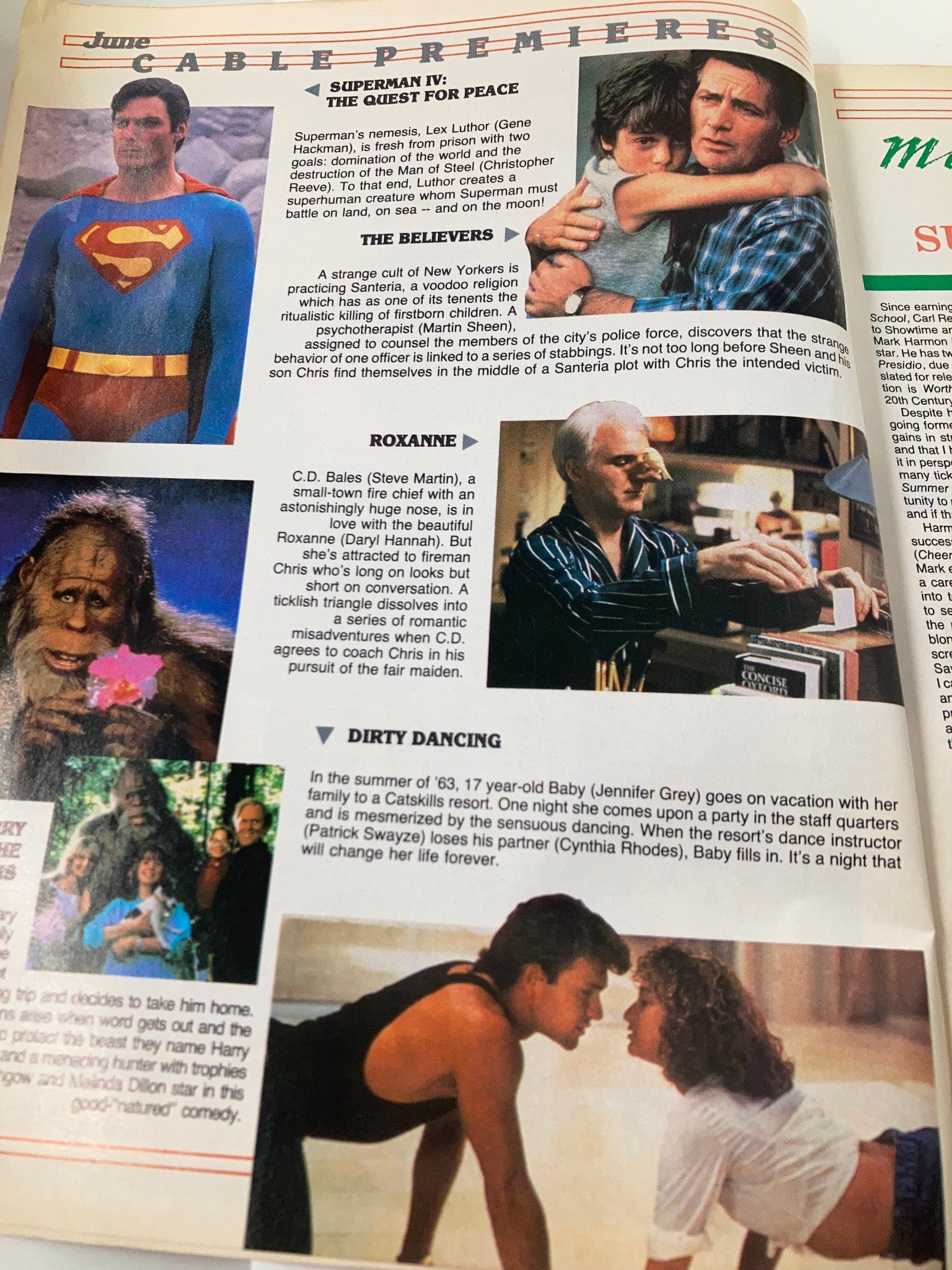Inside page of TV Host Magazine June 1988 Vol 7 #12, highlighting the film 'Dirty Dancing' with images and a brief synopsis of the movie and its impact.