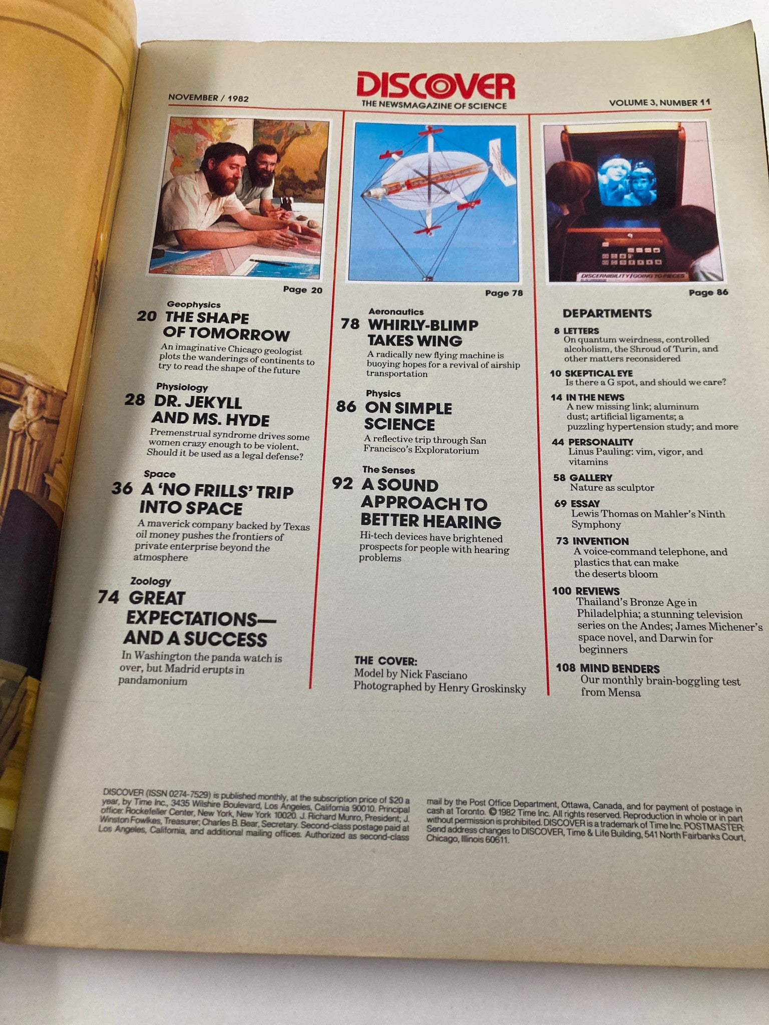 Interior page of Discover Magazine, November 1982, showcasing article titles including 'The Shape of Tomorrow', 'Dr. Jekyll and Ms. Hyde', and 'Whirly-Blimp Takes Wing'.
