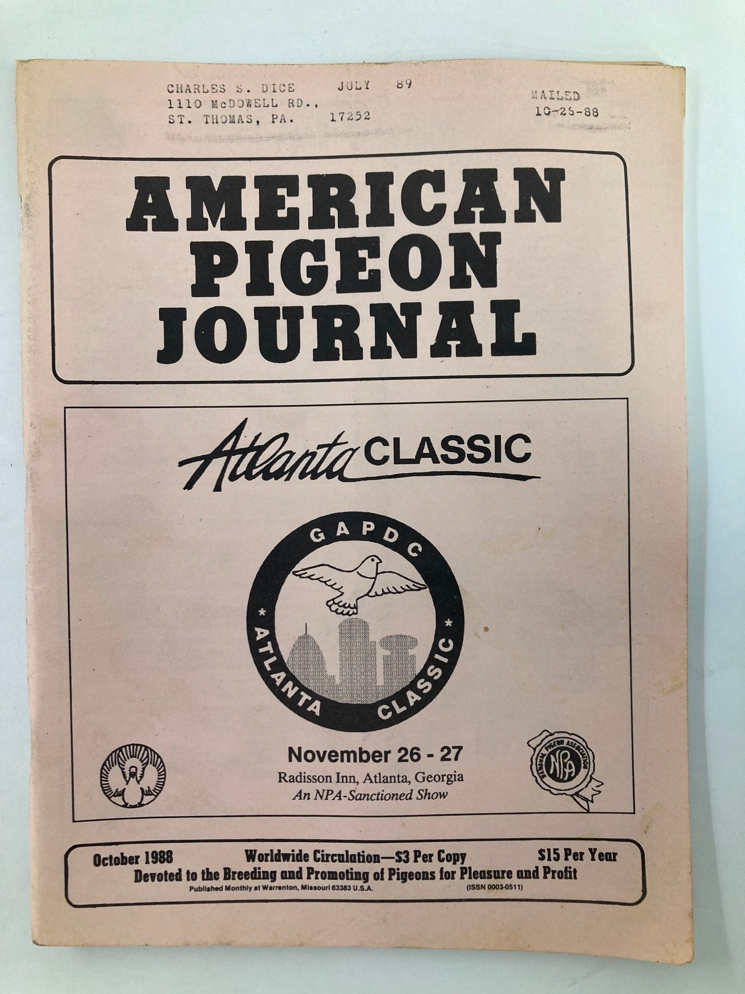 VTG American Pigeon Journal October 1988 Vol 76 #10 John Heppner Master Breeder