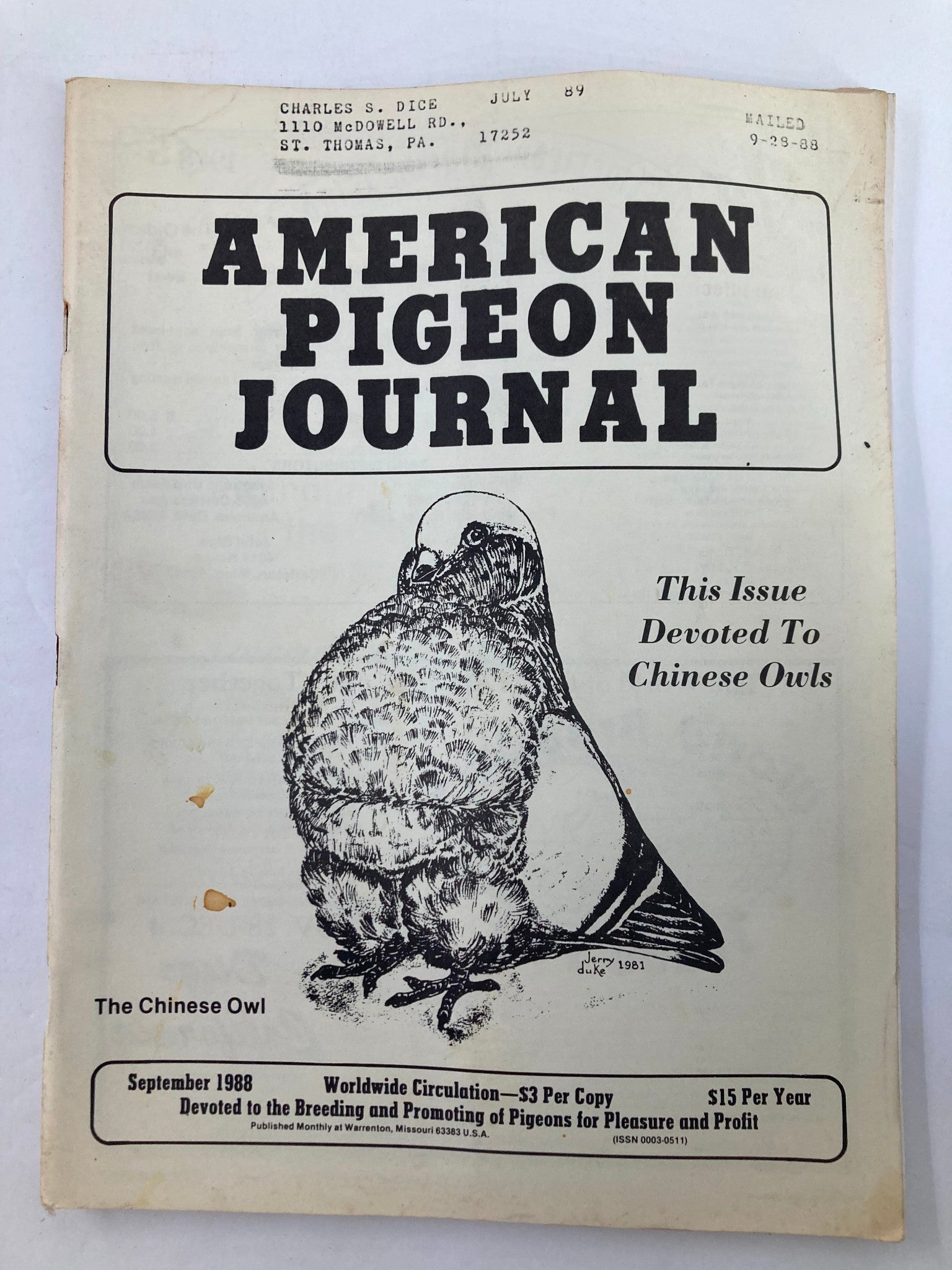 VTG American Pigeon Journal September 1988 Vol 76 #9 Devoted To The Chinese Owls