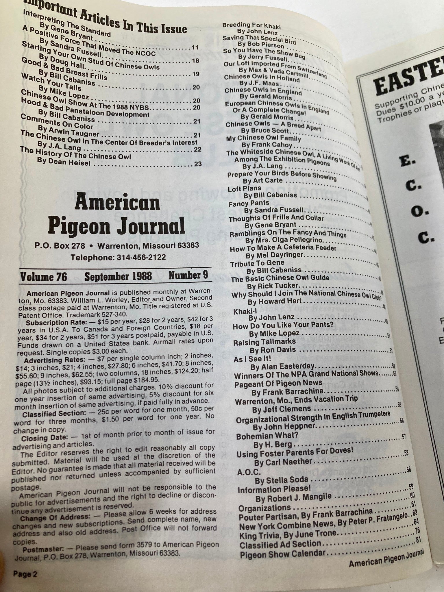 VTG American Pigeon Journal September 1988 Vol 76 #9 Devoted To The Chinese Owls