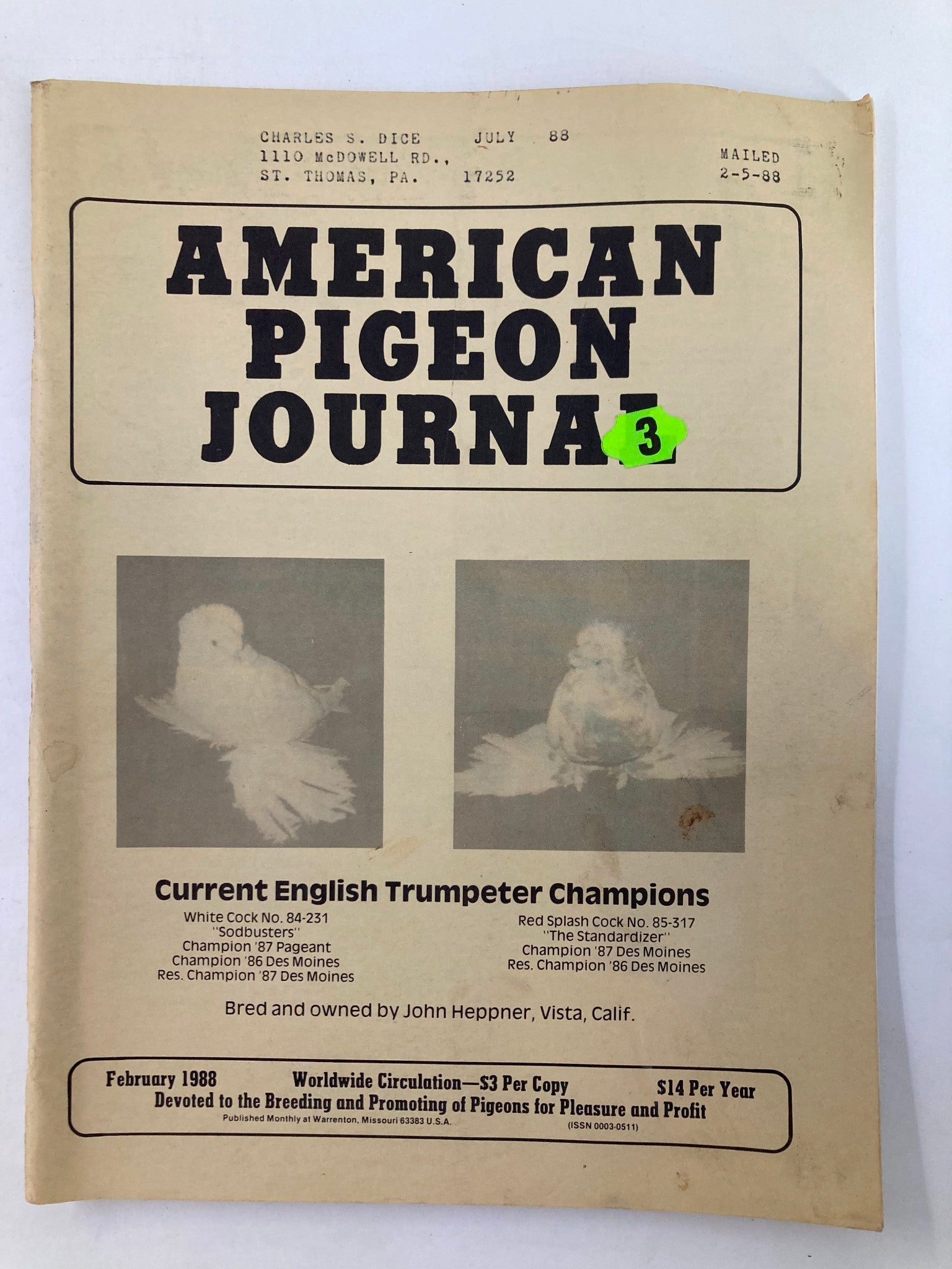 VTG American Pigeon Journal February 1988 Vol 76 #2 English Trumpeter Champions