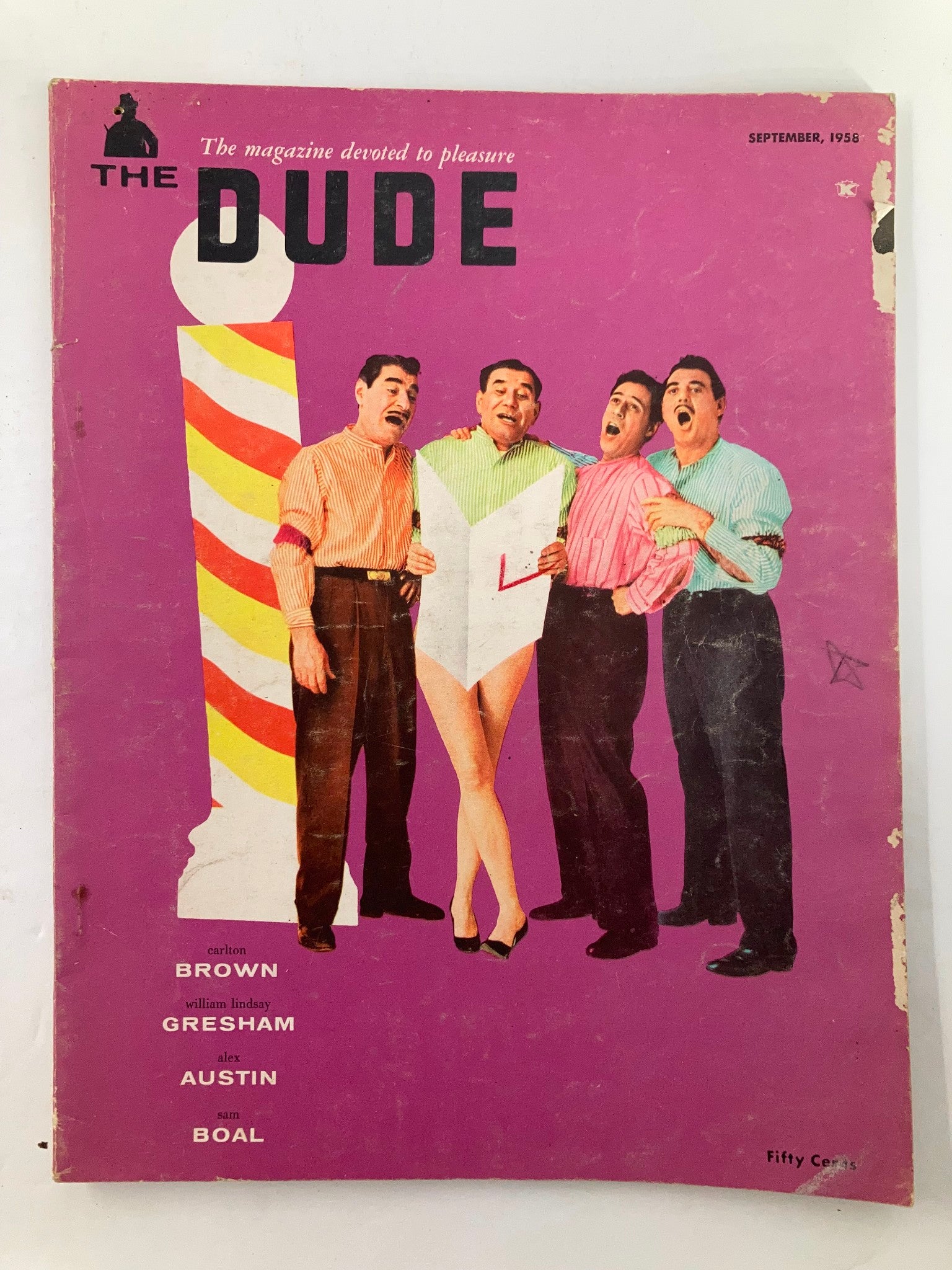 VTG The Dude Magazine September 1958 featuring a colorful cover with four men in striped shirts and a woman, title prominently displayed in bold letters.