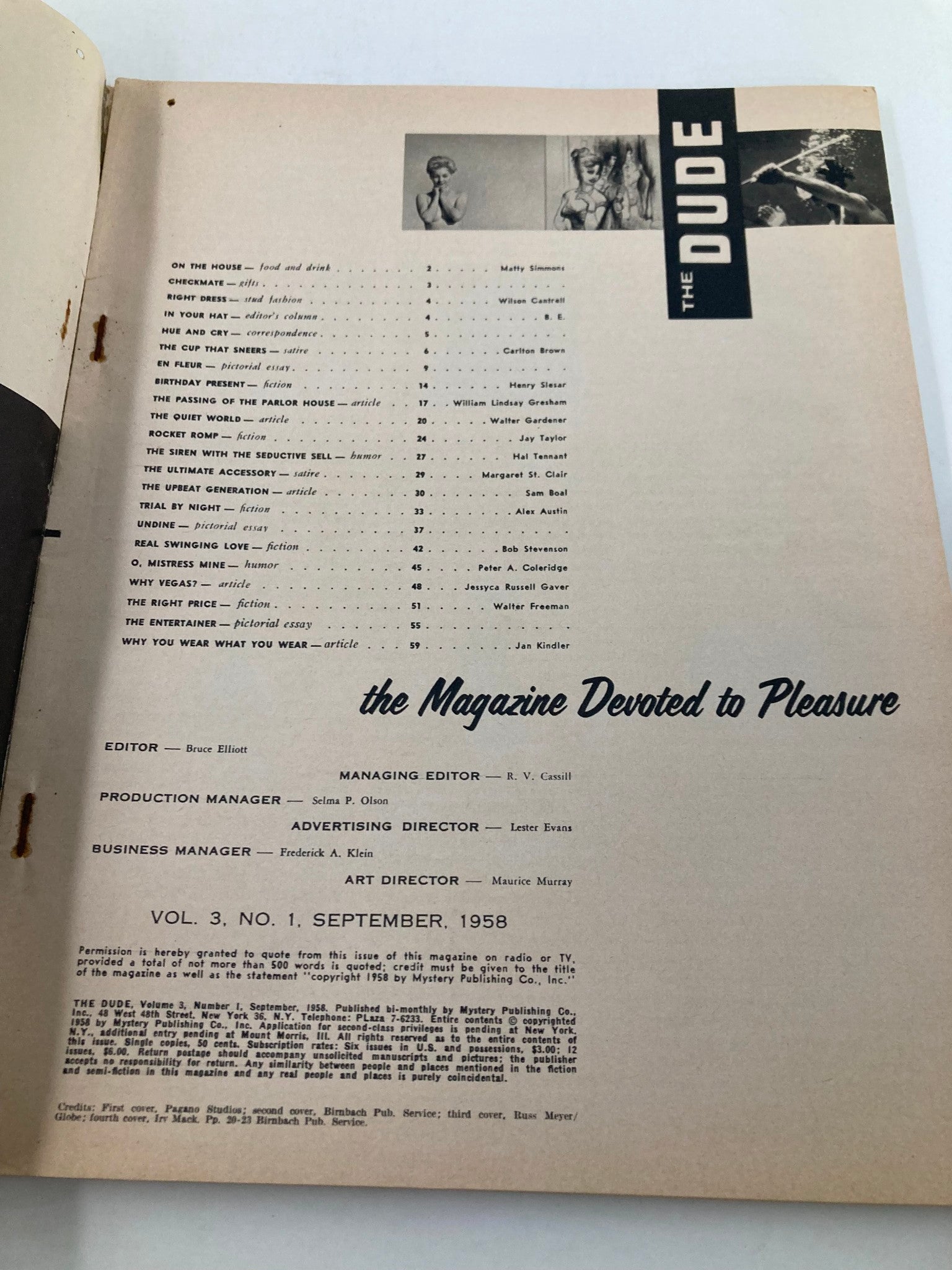 Inside page of VTG The Dude Magazine September 1958, listing various articles and features, illustrating the magazine's theme 'the Magazine Devoted to Pleasure.'